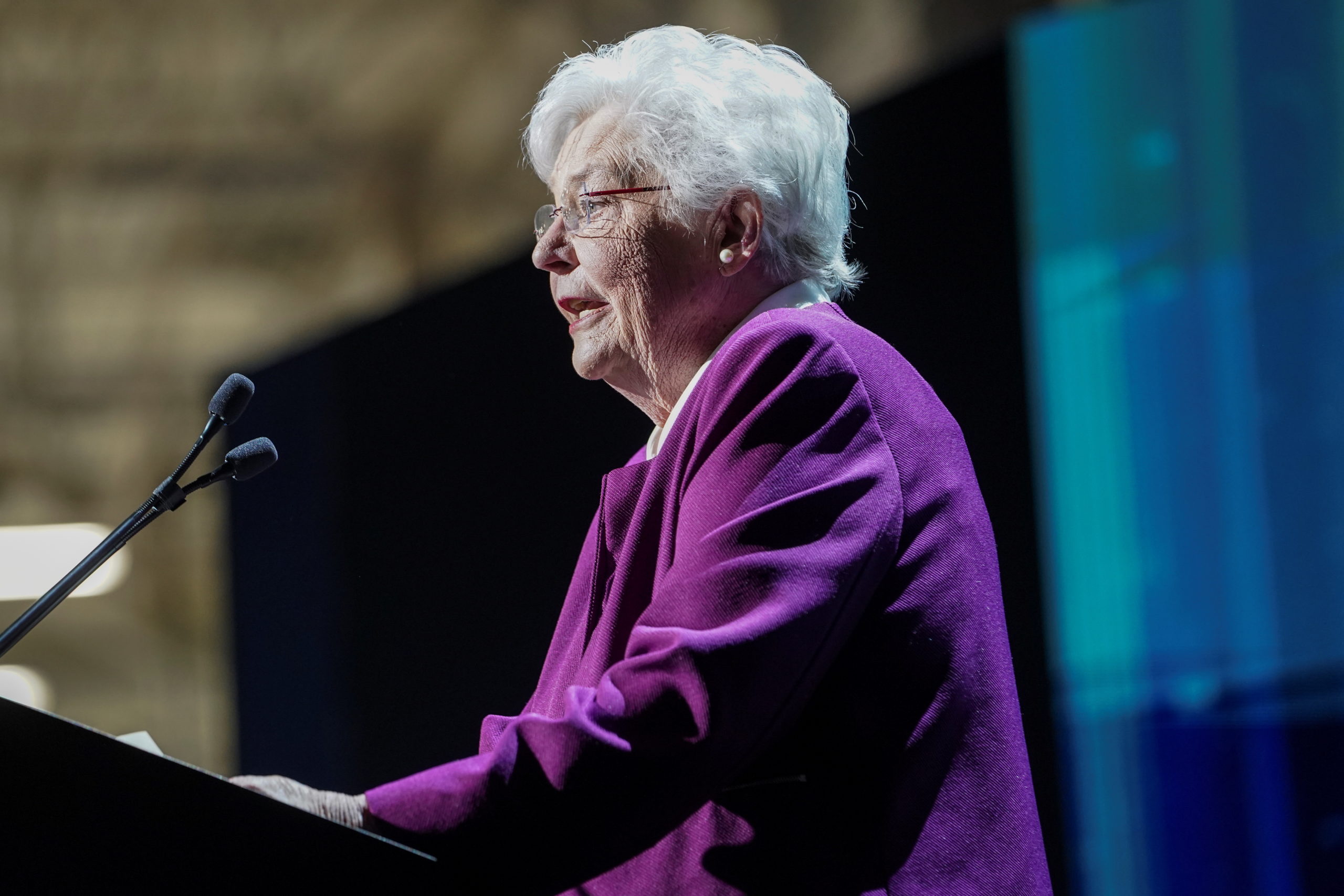 Alabama Governor Kay Ivey speaks during a presentation at the opening of a Mercedes-Benz electric vehicle Battery Factory, marking one of only seven locations producing batteries for their fully electric Mercedes-EQ models, in Woodstock, Alabama, U.S., March 15, 2022. REUTERS/Elijah Nouvelage