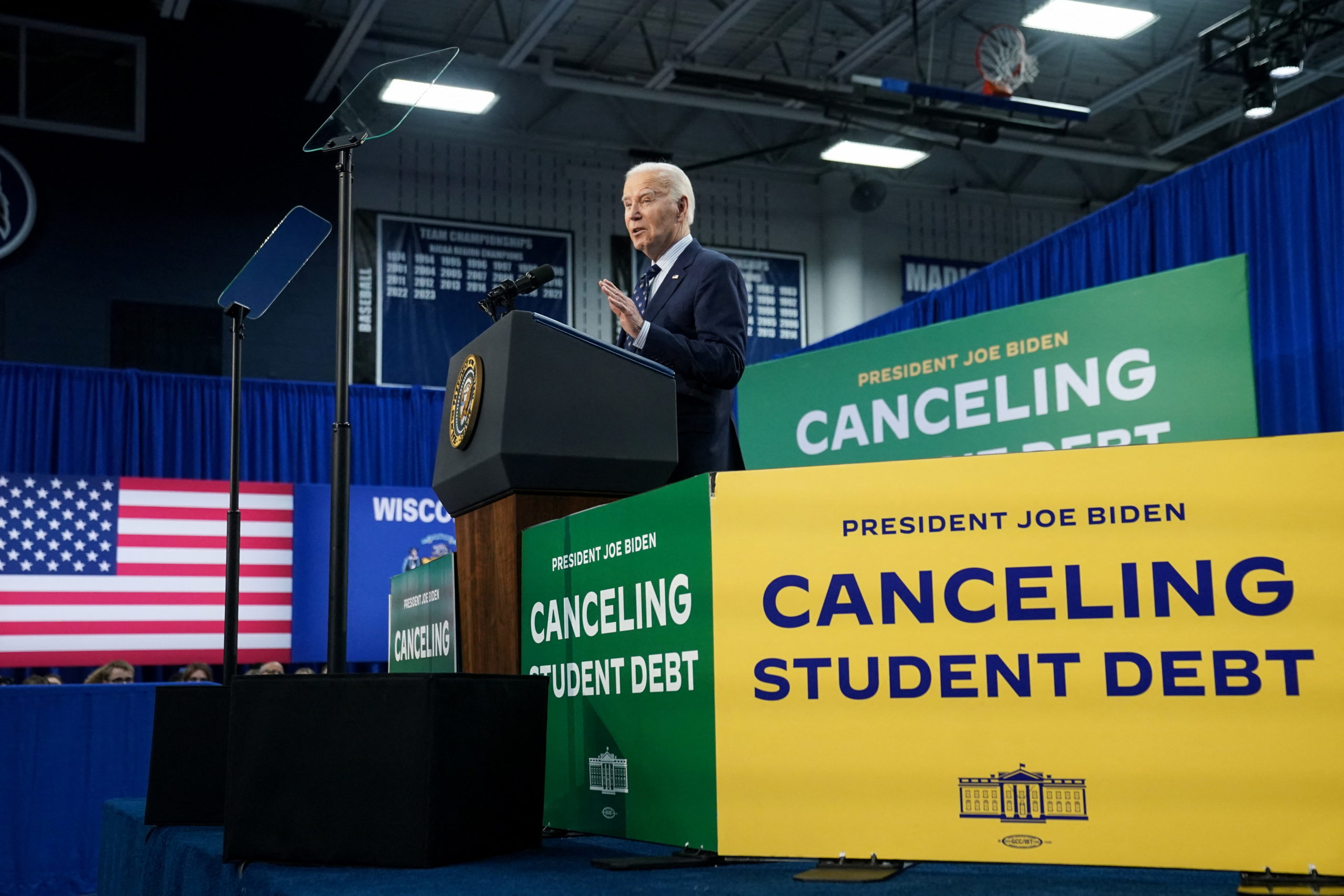 U.S. President Joe Biden speaks as he announces a new plan for federal student loan relief during a visit to Madison Area Technical College Truax Campus, in Madison, Wisconsin, U.S, April 8, 2024. REUTERS/Kevin Lamarque