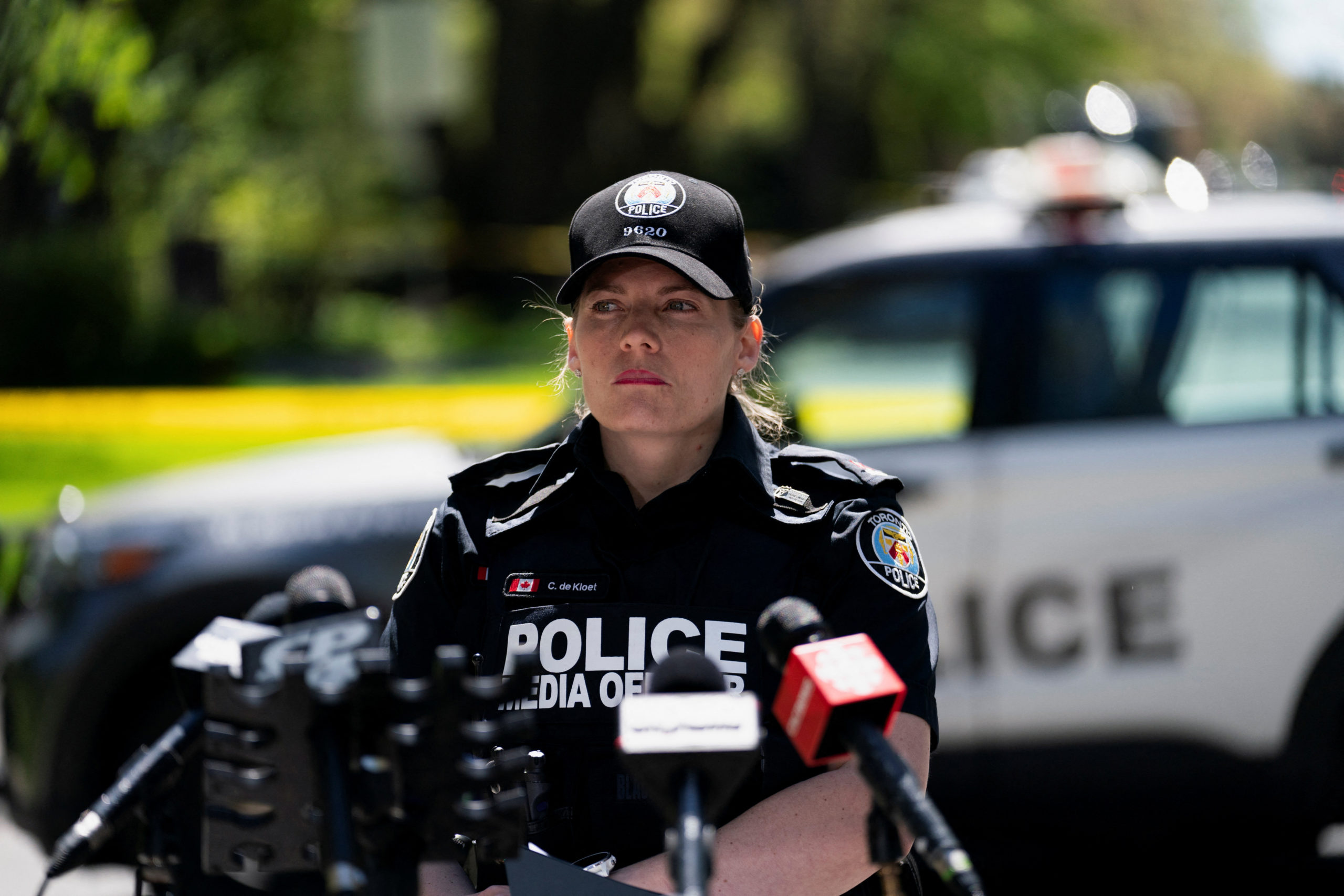 Toronto Police media relations officer Caroline de Kloet speaks to the media after a security guard was shot outside the Bridle Path mansion of Canadian rap star Drake in Toronto, Ontario, Canada May 7, 2024. REUTERS/Arlyn McAdorey