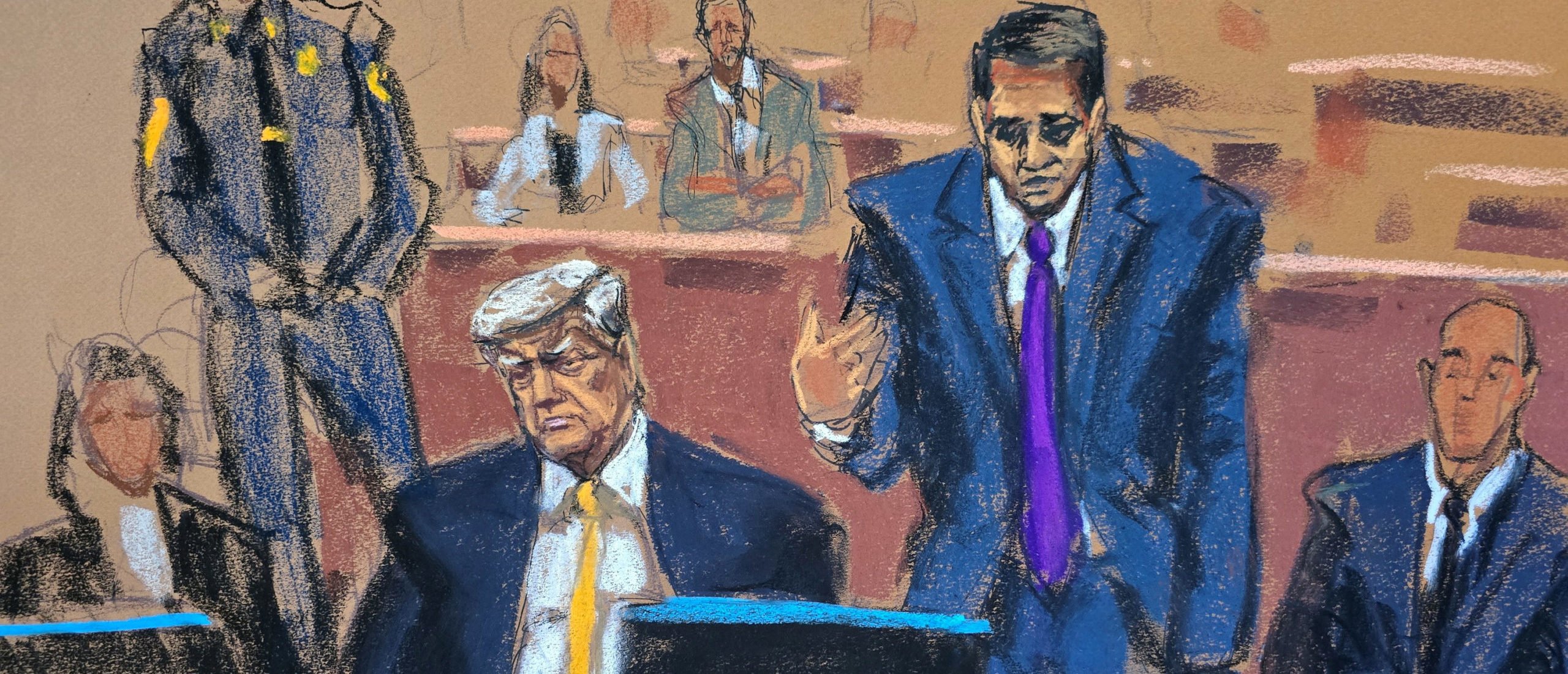 Republican presidential candidate and former U.S. President Donald Trump listens as his attorney Todd Blanche requests mistrial after Stormy Daniels direct testimony during Trump's criminal trial on charges that he falsified business records to conceal money paid to silence porn star Stormy Daniels in 2016, in Manhattan state court in New York City, U.S. May 7, 2024 in this courtroom sketch. REUTERS/Jane Rosenberg