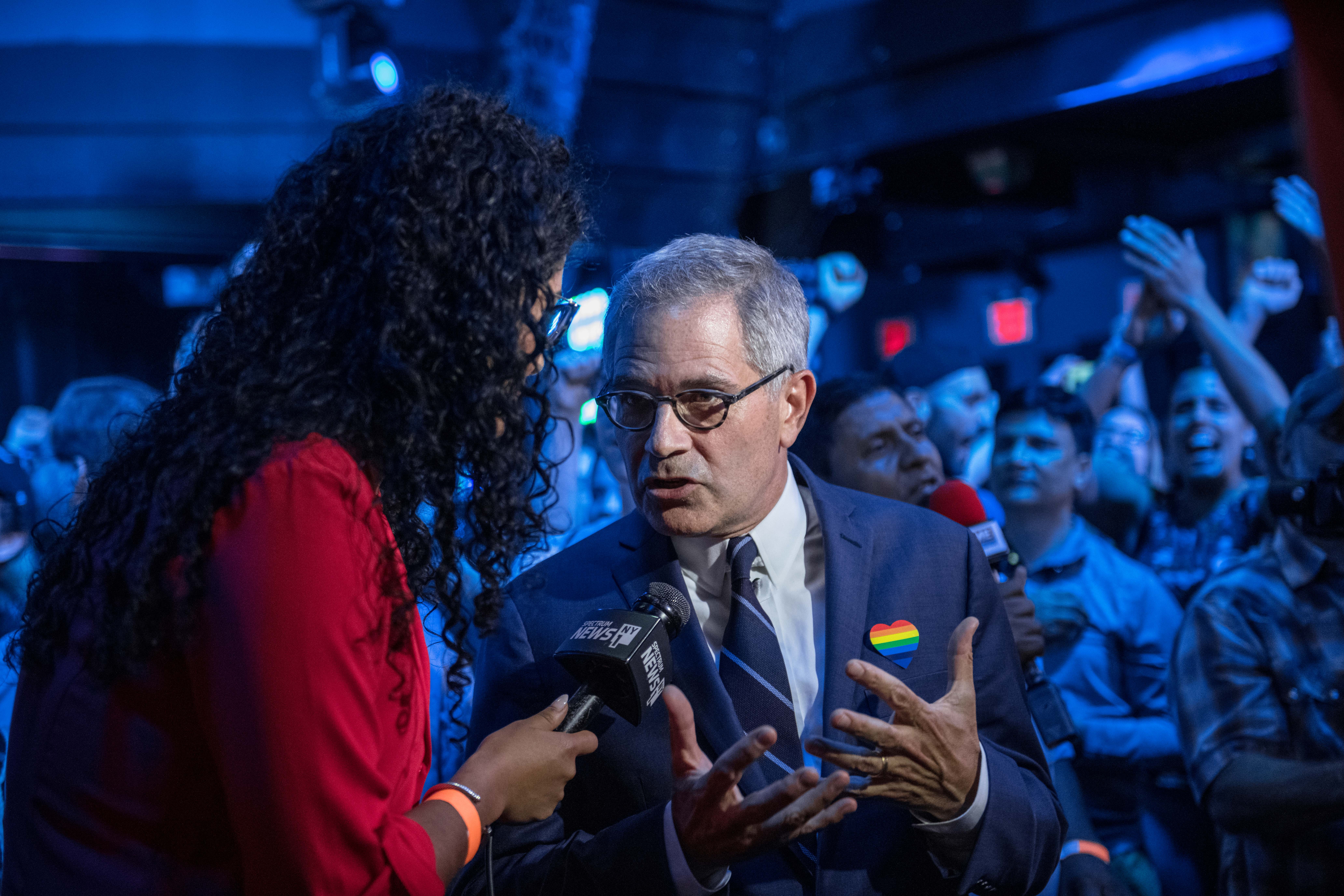 NEW YORK, NY - JUNE 25: Philadelphia District Attorney Larry Krasner speaks to a reporter at of the election party of public defender Tiffany Caban moments before she claimed victory in the in the Queens District Attorney Democratic Primary election, June 25, 2019 in the Queens borough of New York City. (Photo by Scott Heins/Getty Images)