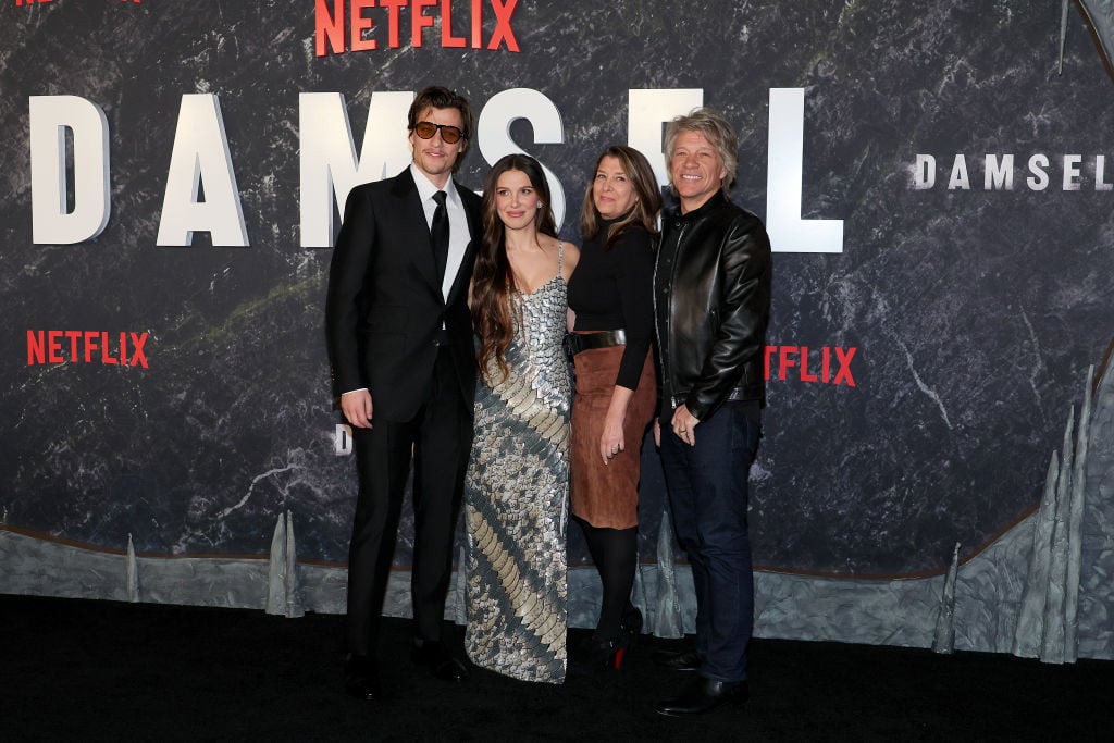 NEW YORK, NEW YORK - MARCH 01: (L-R) Jake Bongiovi, Millie Bobby Brown, Dorothea Hurley and Jon Bon Jovi attend Netflix's "Damsel" New York Premiere at Paris Theater on March 01, 2024 in New York City. (Photo by Dia Dipasupil/Getty Images)