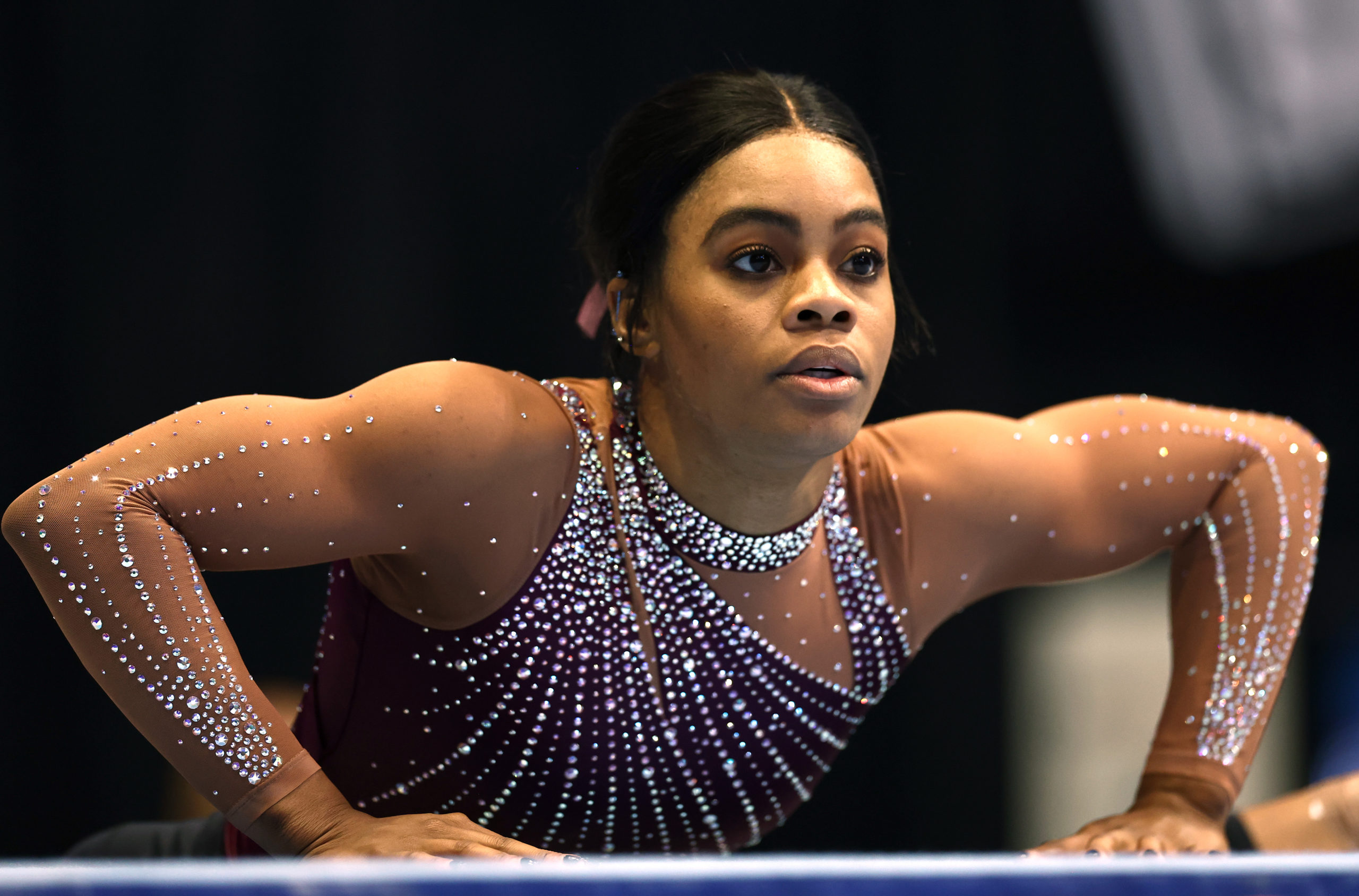 HARTFORD, CONNECTICUT - MAY 18: Gabby Douglas looks on prior to the 2024 Core Hydration Classic at XL Center on May 18, 2024 in Hartford, Connecticut. (Photo by Tim Nwachukwu/Getty Images)
