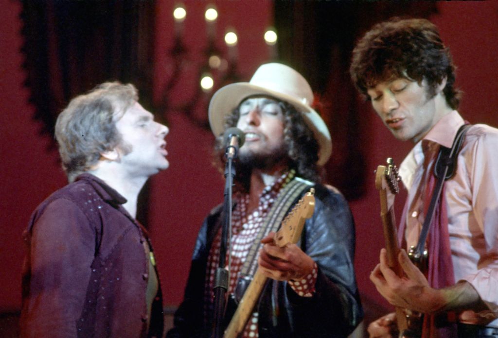 SAN FRANCISCO - NOVEMBER 25: Van Morrison, Bob Dylan and Robbie Robertson perform on stage for The Band's 'The Last Waltz' concert at the Winterland Ballroom on November 25, 1976 in San Francisco, California. (Photo by Larry Hulst/Michael Ochs Archives/Getty Images)