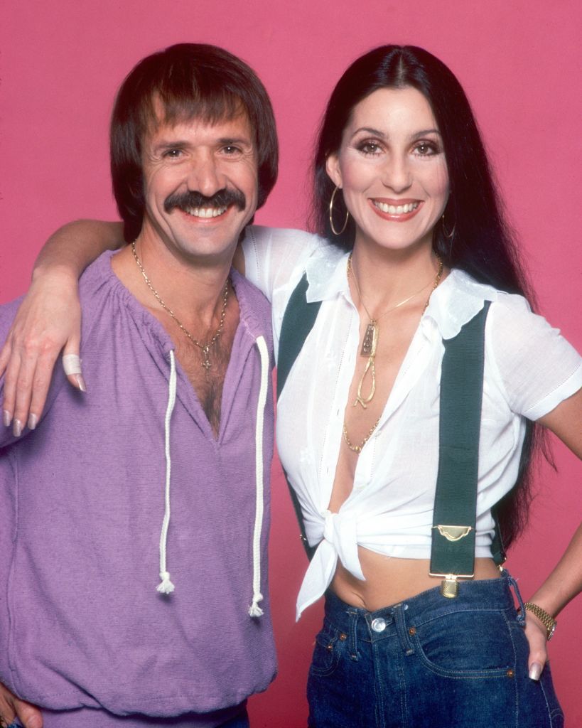 LOS ANGELES - JULY 22: Singer and actress Cher poses with ex-husband Sonny Bono for a photo session on July 22, 1977 in Los Angeles, California. (Photo by Harry Langdon/Getty Images)