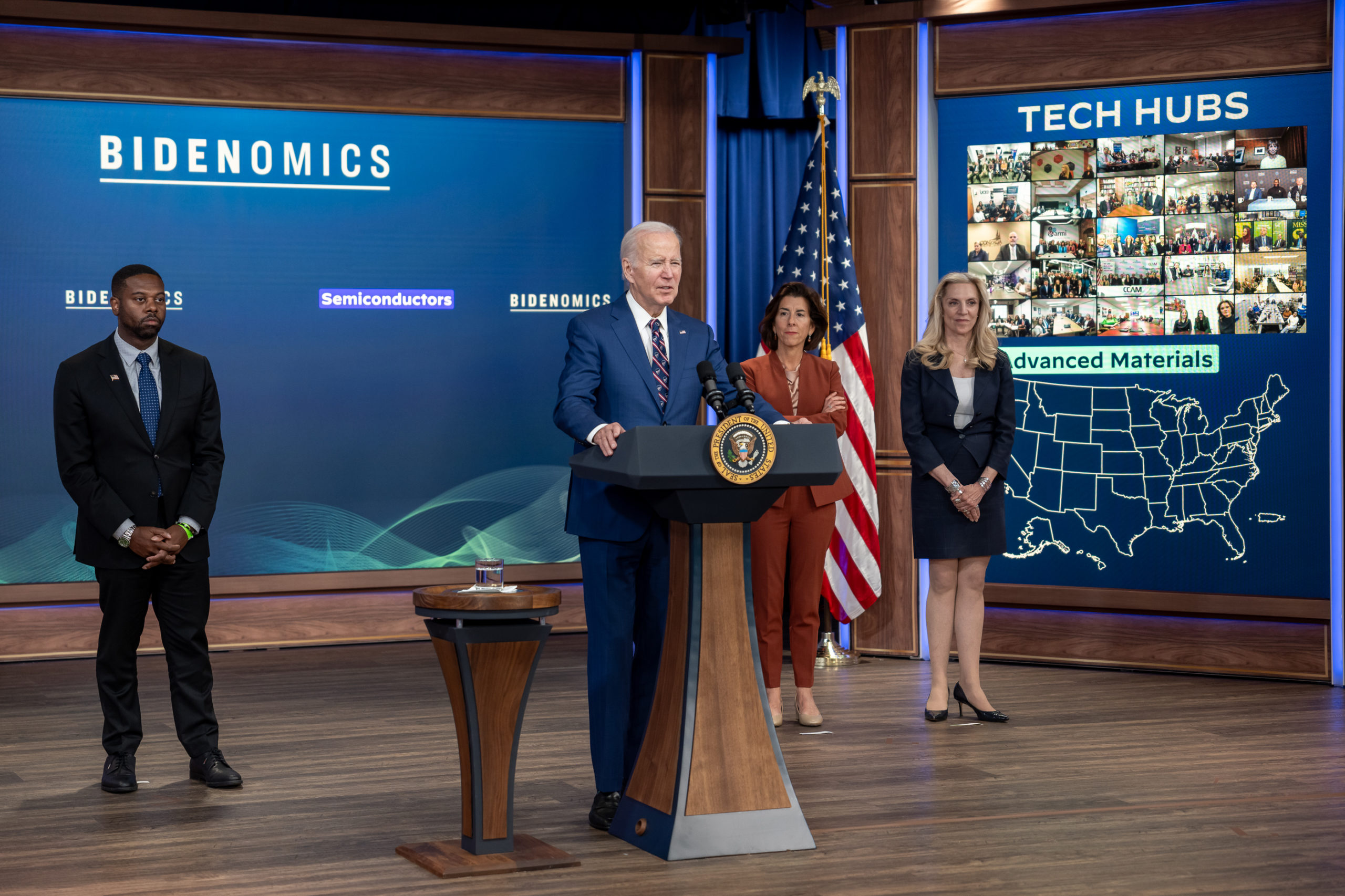 President Joe Biden delivers remarks announcing 31 communities across the country designated as Regional Innovation and Technology Hubs by the Department of Commerce Economic Development Administration, Monday, October 23, 2023, in the South Court Auditorium of the Eisenhower Executive Office Building at the White House. (Official White House Photo by Adam Schultz)