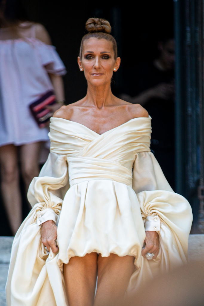 PARIS, FRANCE - JULY 02: Celine Dion, wearing a cream maxi dress, is seen outside Alexandre Vauthier show during Paris Fashion Week - Haute Couture Fall/Winter 2019/2020 on July 02, 2019 in Paris, France. (Photo by Claudio Lavenia/Getty Images)