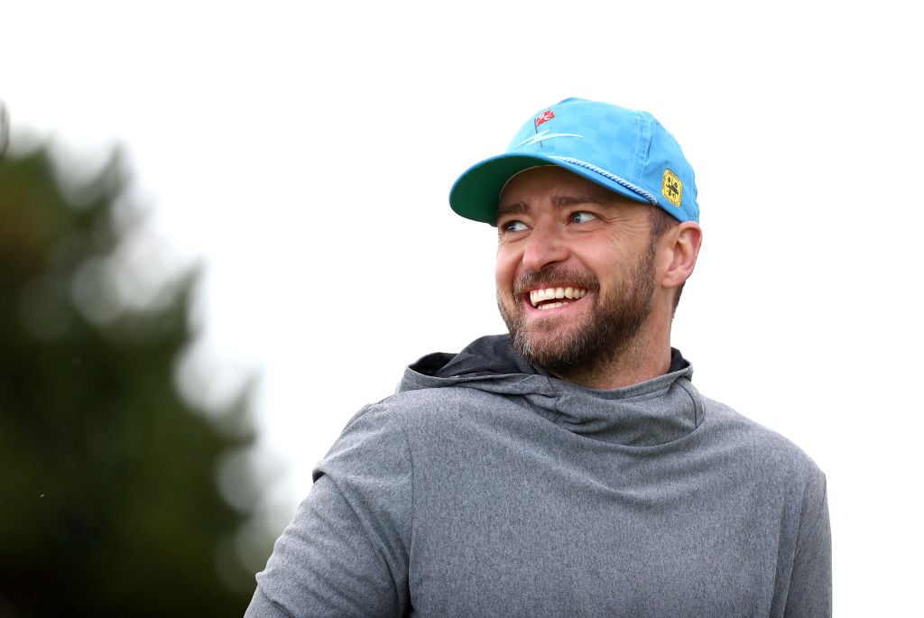 ST ANDREWS, SCOTLAND - SEPTEMBER 26: Musician, Justin Timberlake reacts during Day one of the Alfred Dunhill Links Championship at Carnoustie Golf Links on September 26, 2019 in St Andrews, United Kingdom. (Photo by Matthew Lewis/Getty Images)
