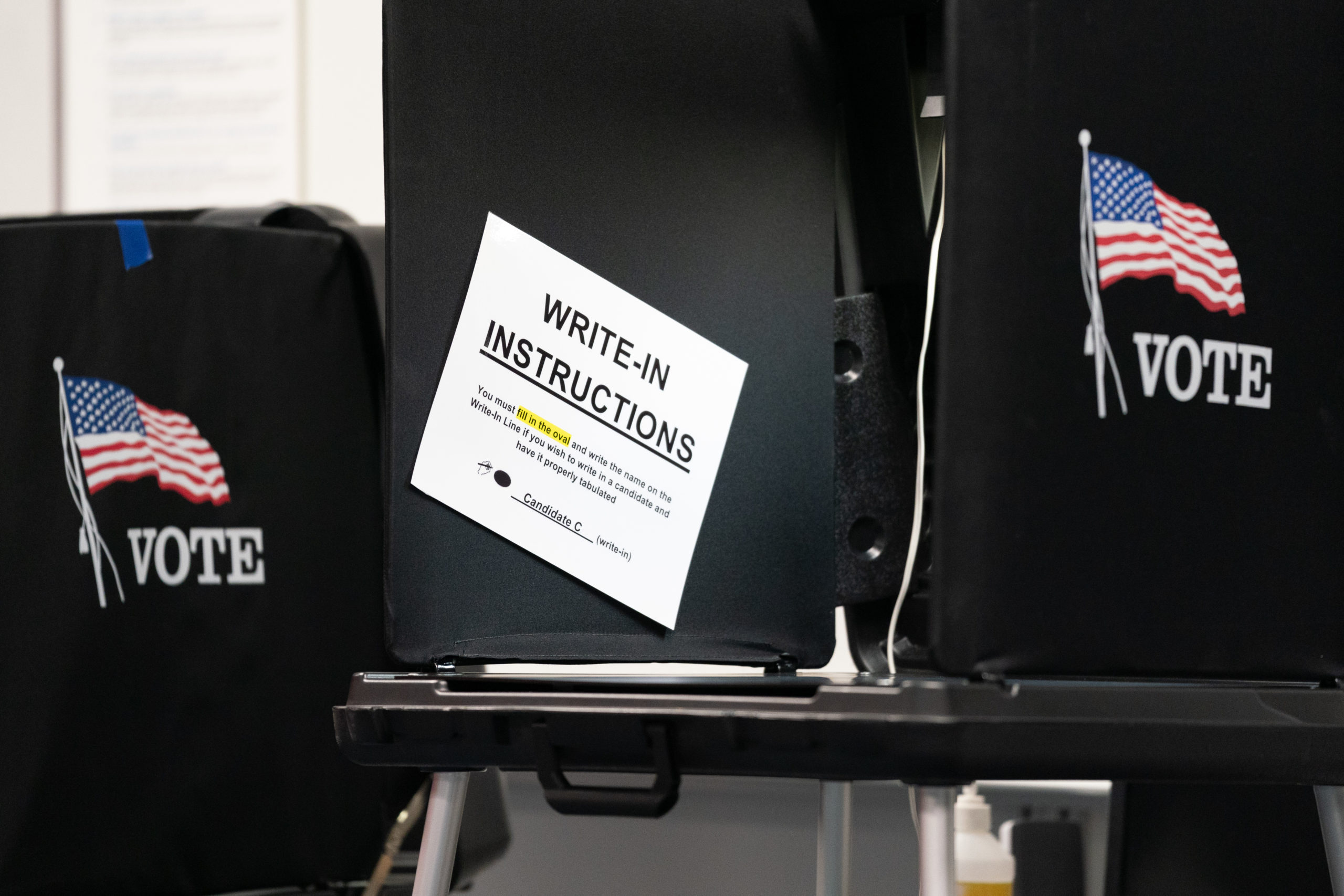 A voting booth at a polling location on November 8, 2022 in Clemmons, North Carolina, United States. After months of candidates campaigning, Americans are voting in the midterm elections to decide close races across the nation. (Photo by Sean Rayford/Getty Images)