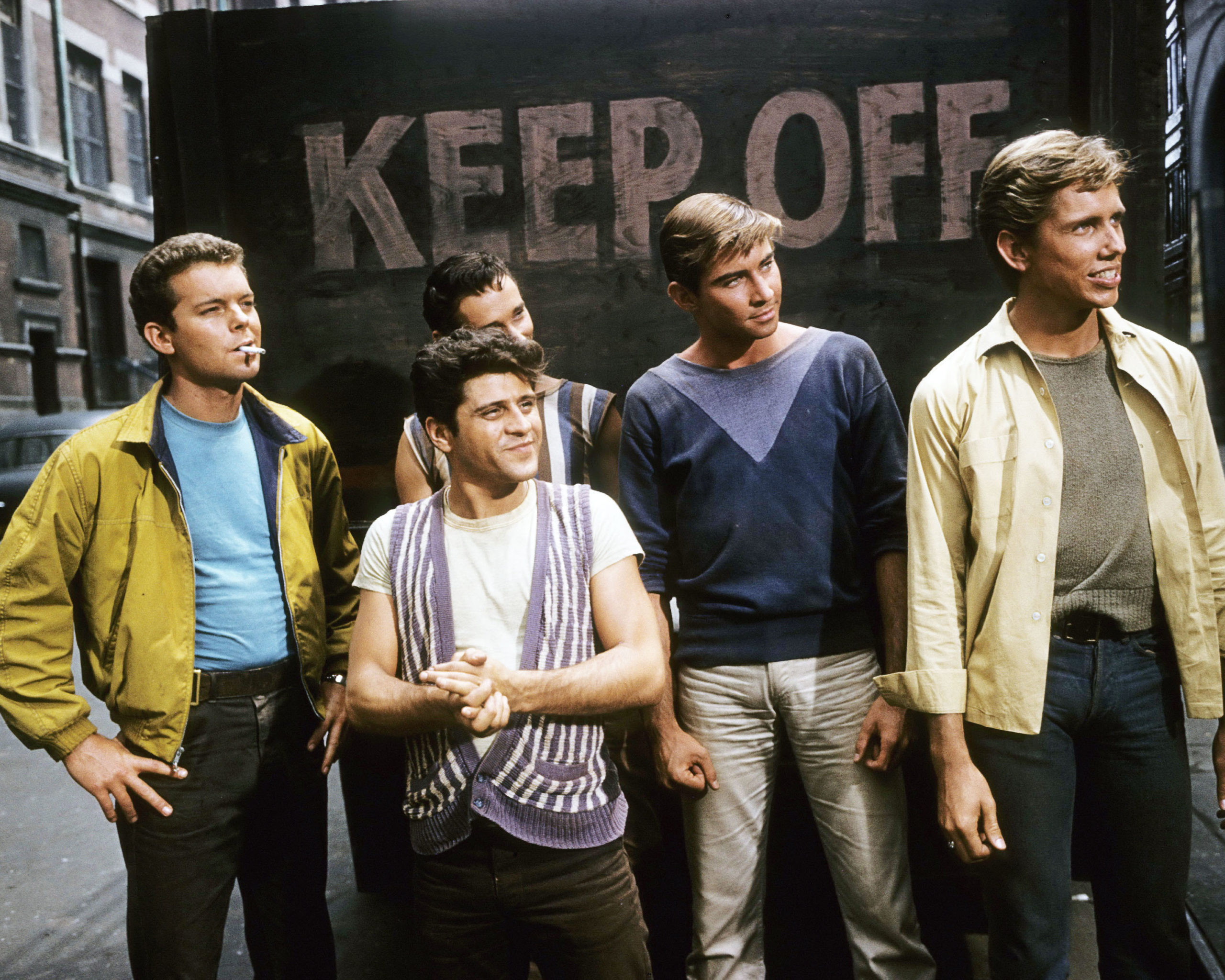 From left to right, actors Russ Tamblyn, Tony Mordente, Tucker Smith and Scooter Teague in a publicity still issued for the film, 'West Side Story', USA, 1961. The musical, directed by Robert Wise (1914-2005) and Jerome Robbins (1918-1998), starred Beymer as 'Tony Wycek', Tamblyn as 'Riff Lorton', and Chakiris as 'Bernardo Nunez'. (Photo by Silver Screen Collection/Getty Images)