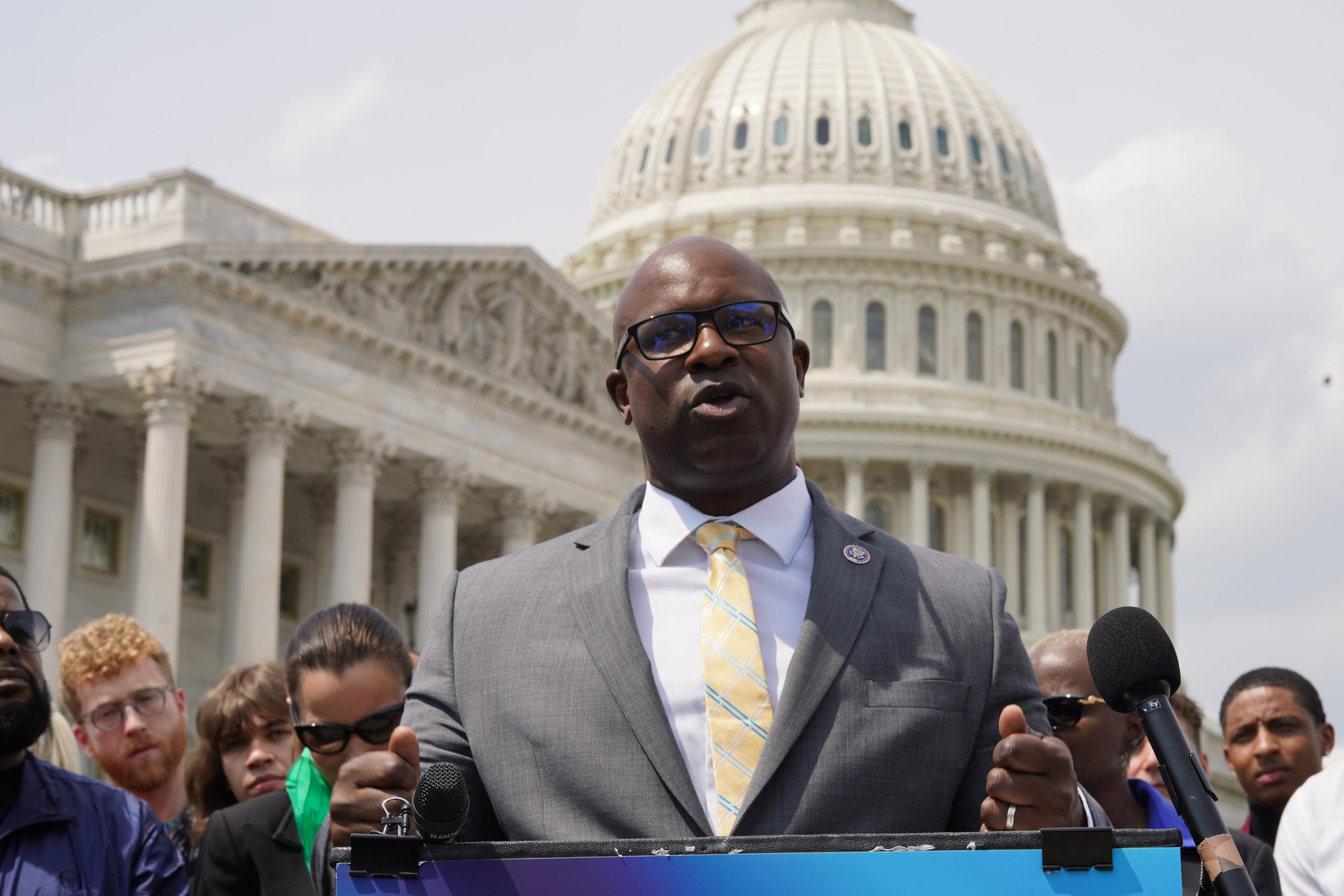 WASHINGTON, DC - APRIL 27: U.S. Representative Jamaal Bowman speaks at Grammys On The Hill: Advocacy Day on April 27, 2023 in Washington, DC. (Photo by Leigh Vogel/Getty Images for The Recording Academy)