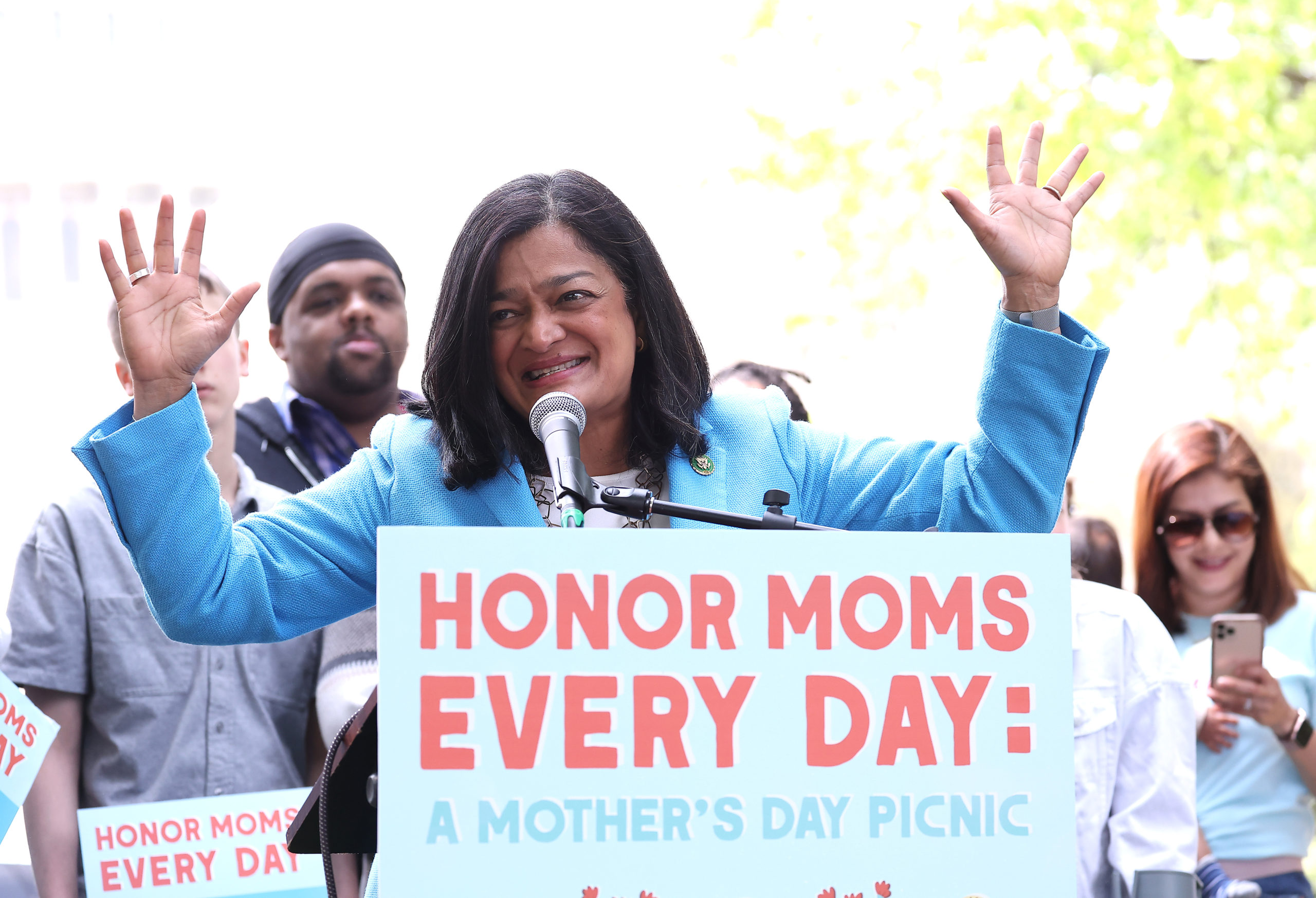 WASHINGTON, DC - MAY 17: Rep. Pramila Jayapal (D-WA) joins MomsRising members and their kids at a picnic on Capitol Hill to urge Congress to make child care affordable, pass paid leave, support care infrastructure, and raise the debt ceiling on May 17, 2023 in Washington, DC. (Photo by Paul Morigi/Getty Images for MomsRising)