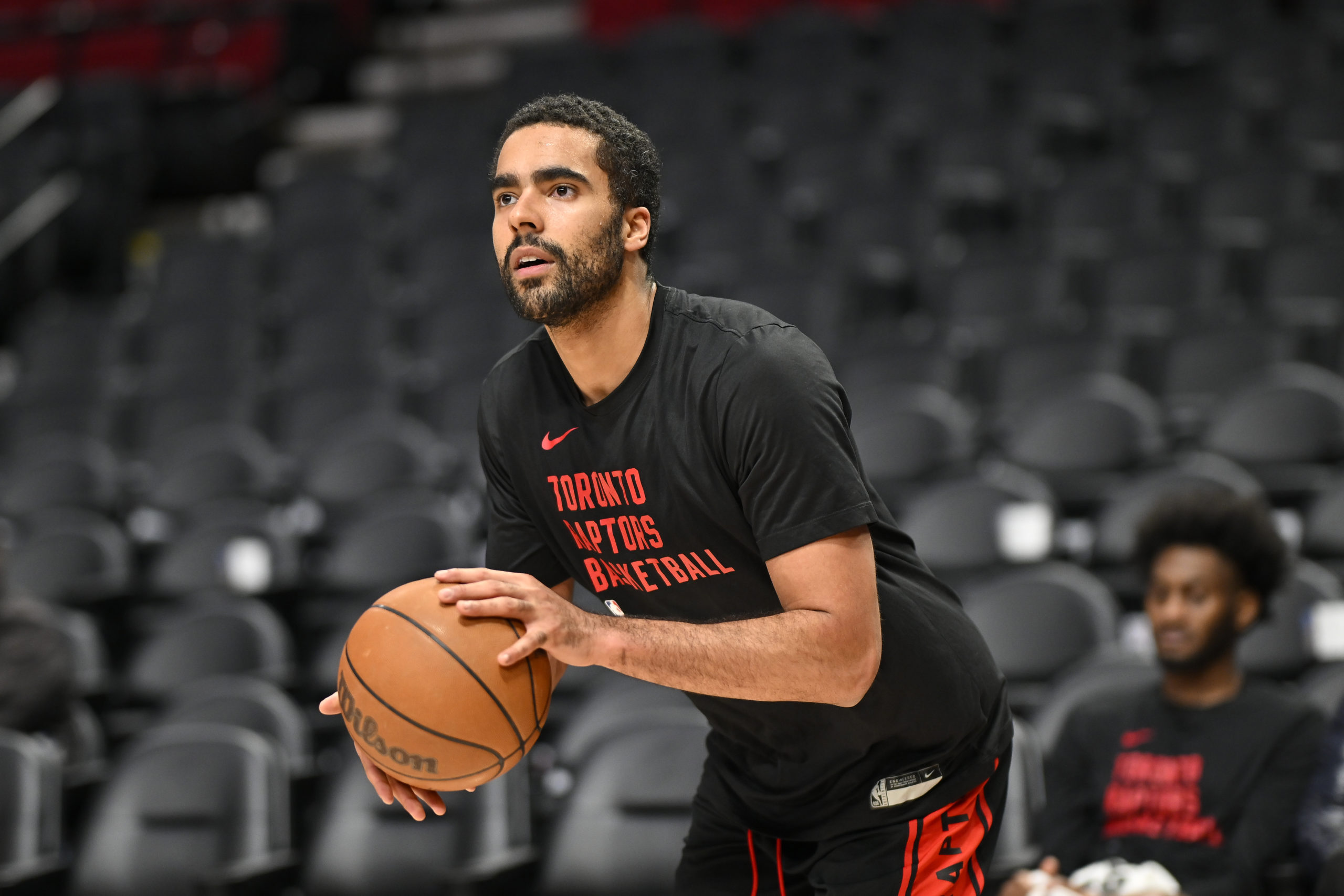 PORTLAND, OREGON - MARCH 09: Jontay Porter #34 of the Toronto Raptors warms up before the game against the Portland Trail Blazers at the Moda Center on March 09, 2024 in Portland, Oregon. NOTE TO USER: User expressly acknowledges and agrees that, by downloading and or using this photograph, User is consenting to the terms and conditions of the Getty Images License Agreement. (Photo by Alika Jenner/Getty Images)