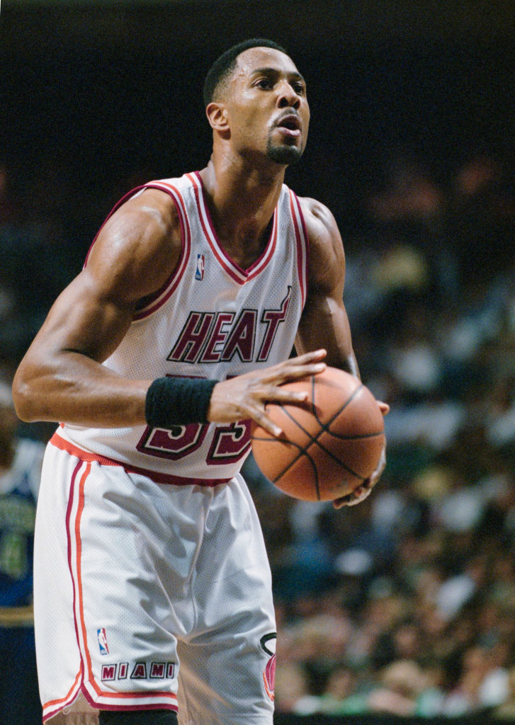 Alonzo Mourning #33, Center and Power Forward for the Miami Heat prepares to shoot a free throw during the NBA Atlantic Division basketball game against the Minnesota Timberwolves on 5th March 1996 at the Miami Arena in Miami, Florida, United States. The Miami Heat won the game 113 - 72. (Photo by Allsport/Getty Images)