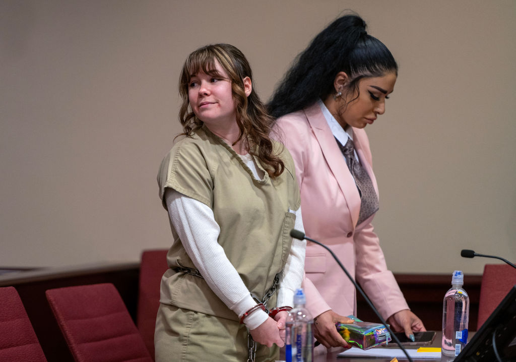 SANTA FE, NEW MEXICO - APRIL 15: Hannah Gutierrez Reed, left, paralegal Carmella Sisneros appear during her sentencing in First District Court, on April 15, 2024 in Santa Fe, New Mexico. Armorer on the set of the Western film "Rust,"Gutierrez Reed was convicted by a jury of involuntary manslaughter in the death of cinematographer Halyna Hutchins who was fatally shot by Alec Baldwin in 2021. (Photo by Eddie Moore-Pool/Getty Images)