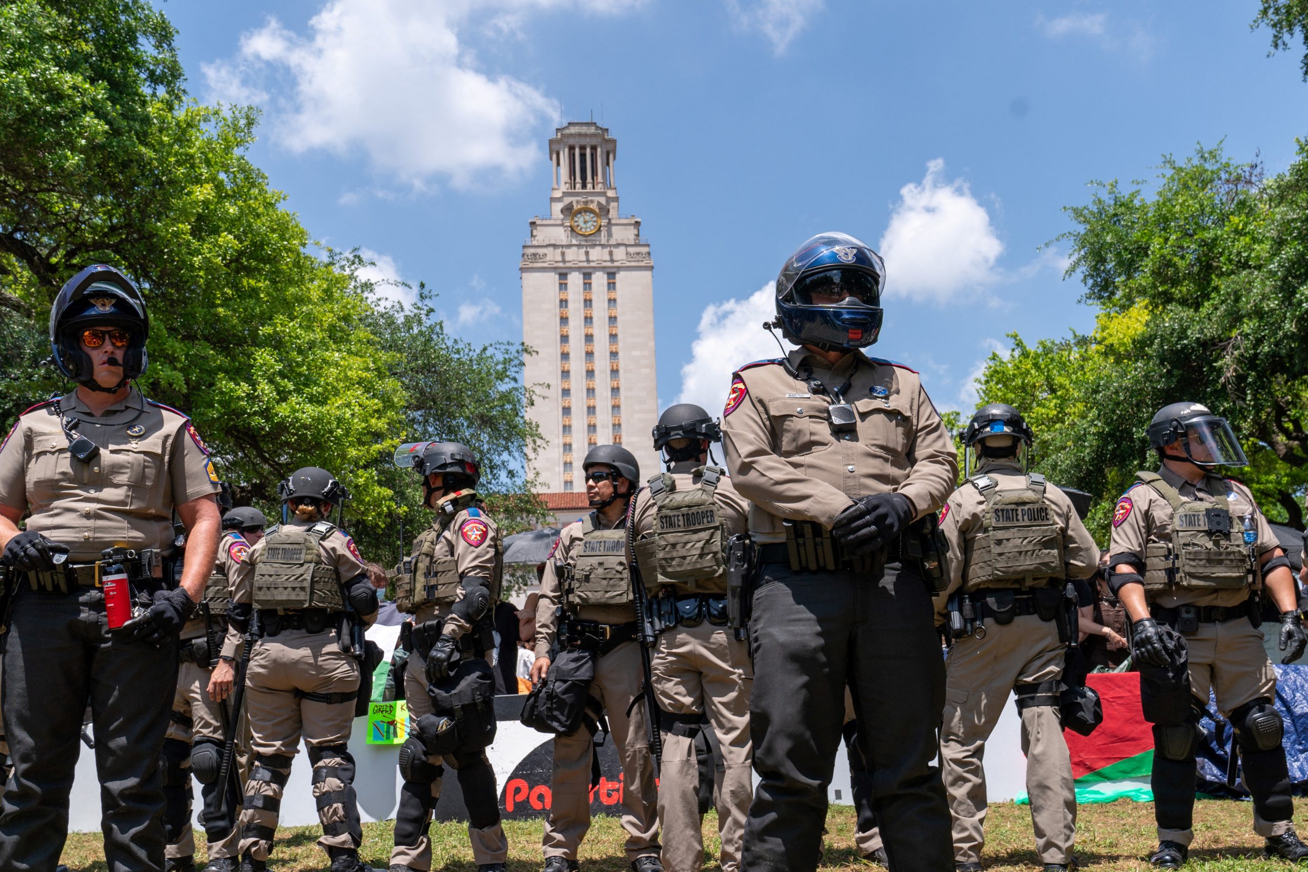 Texas State troopers stand guard during pro-Palestinian protests aginst the Israeli onslaught on Gaza in response to Hamas' October 7 attack at the University of Texas in Austin, Texas, on April 29, 2024. (Photo by SUZANNE CORDEIRO/AFP via Getty Images)