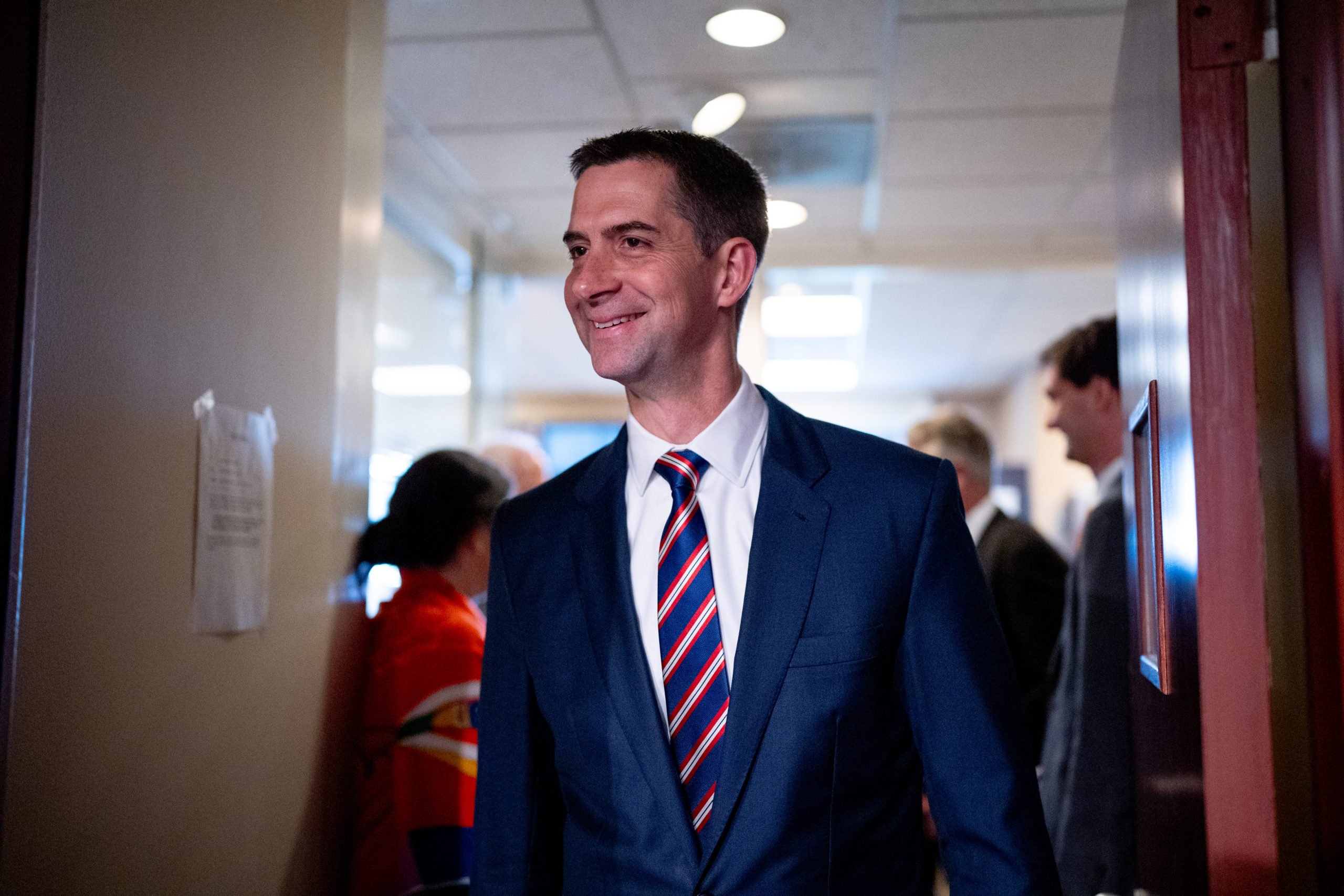 WASHINGTON, DC - MAY 1: Sen. Tom Cotton (R-AR) arrives for a news conference on Capitol Hill on May 1, 2024 in Washington, DC. Republican Senators joined Cotton to denounce pro-Palestinian protests on college campuses and called on school administrations around the country to act against anti-semitism. Andrew Harnik/Getty Images