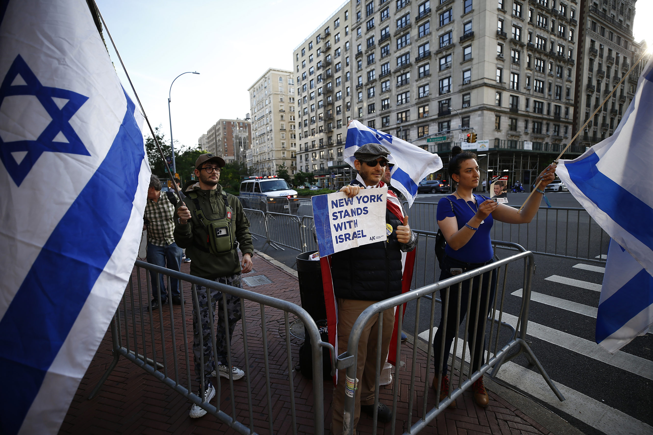 NEW YORK, NEW YORK - MAY 23: Israeli counter-protesters demonstrate during a pro-Palestinian rally near Columbia University on May 23, 2024 in New York City. Demonstrators gathered to protest against New York Mayor Eric Adams’s association with wealthy business owners and investors calling for they city's student protest encampments to be disbanded. Several of New York's prominent business owners reportedly offered political donations to Mayor Adams in an effort to influence public opinion towards Israel, while others suggested payments for private investigators to aid the NYPD in handling the student protesters, according to a Washington Post investigation of conversations made via on-line chats. According to City Hall, the NYPD did not use any donations in their handling of the protesters. (Photo by John Lamparski/Getty Images)