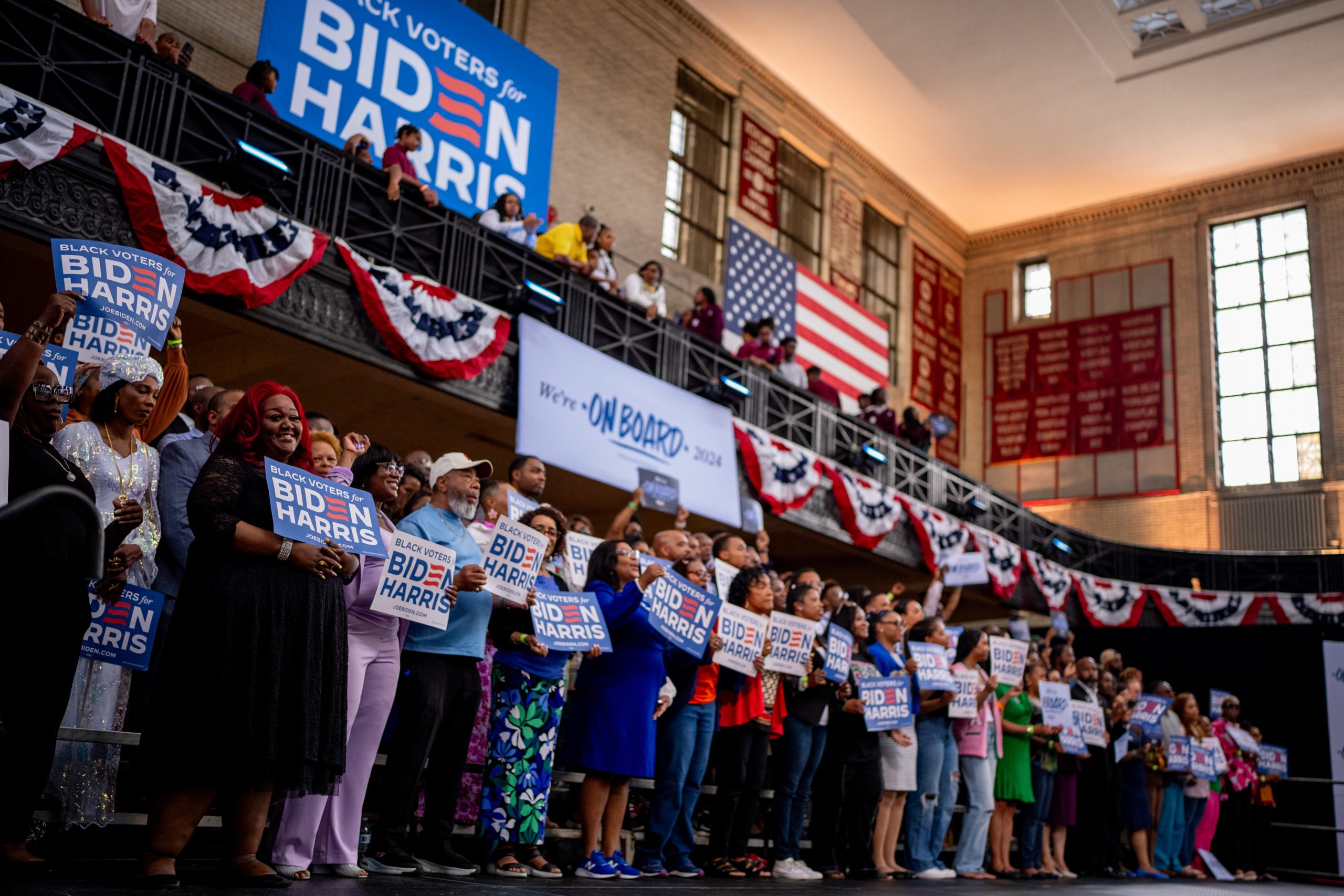 Members of the audience cheer as U.S. President Joe Biden speaks during a campaign rally at Girard College on May 29, 2024 in Philadelphia, Pennsylvania. Biden and U.S. Vice President Kamala Harris are using today's rally to launch a nationwide campaign to court black voters, a group that has traditionally come out in favor of Biden, but their support is projected lower than it was in 2020. (Photo by Andrew Harnik/Getty Images)