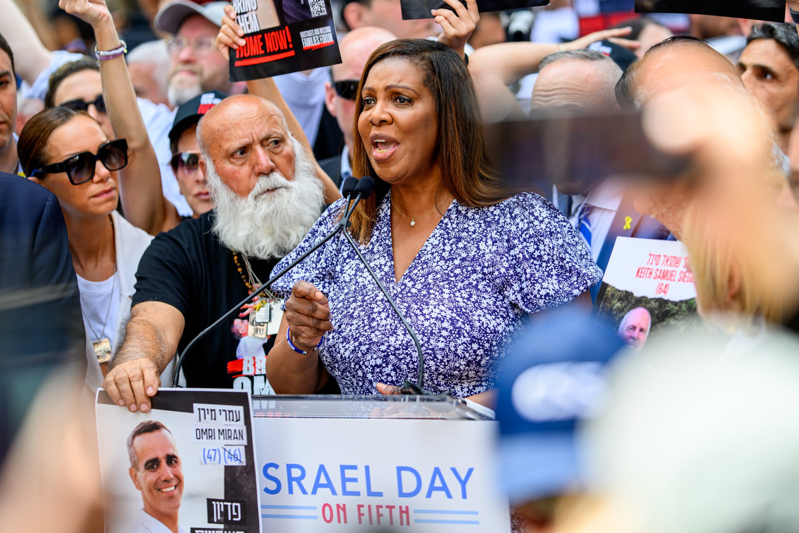 NEW YORK, NEW YORK - JUNE 02: Attorney General of New YorkLetitia James Cspeaks during the Celebrate Israel Parade on Fifth on June 02, 2024 in New York City. This year's parade is the first since the events of October 7, 2023 in Israel and is focused around the hostages still being held in captivity by Hamas. (Photo by Roy Rochlin/Getty Images)