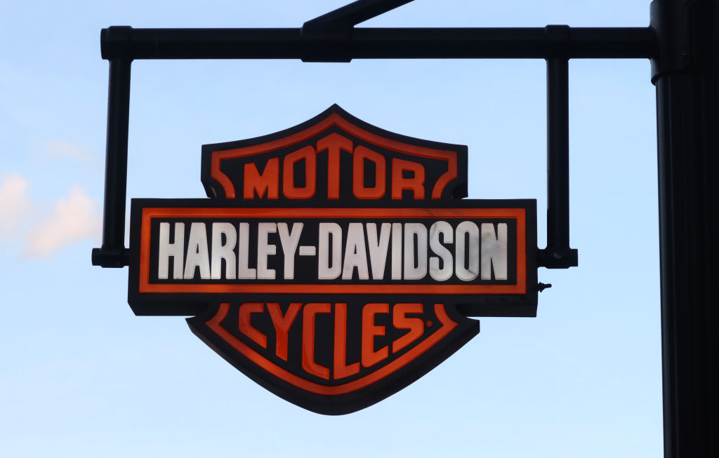 ORLANDO, FL - JUNE 1: The corporate logo for Harley Davidson Motorcycles is displayed at their store at Disney Springs at Walt Disney World on June 1, 2024, in Orlando, Florida. (Photo by Gary Hershorn/Getty Images)