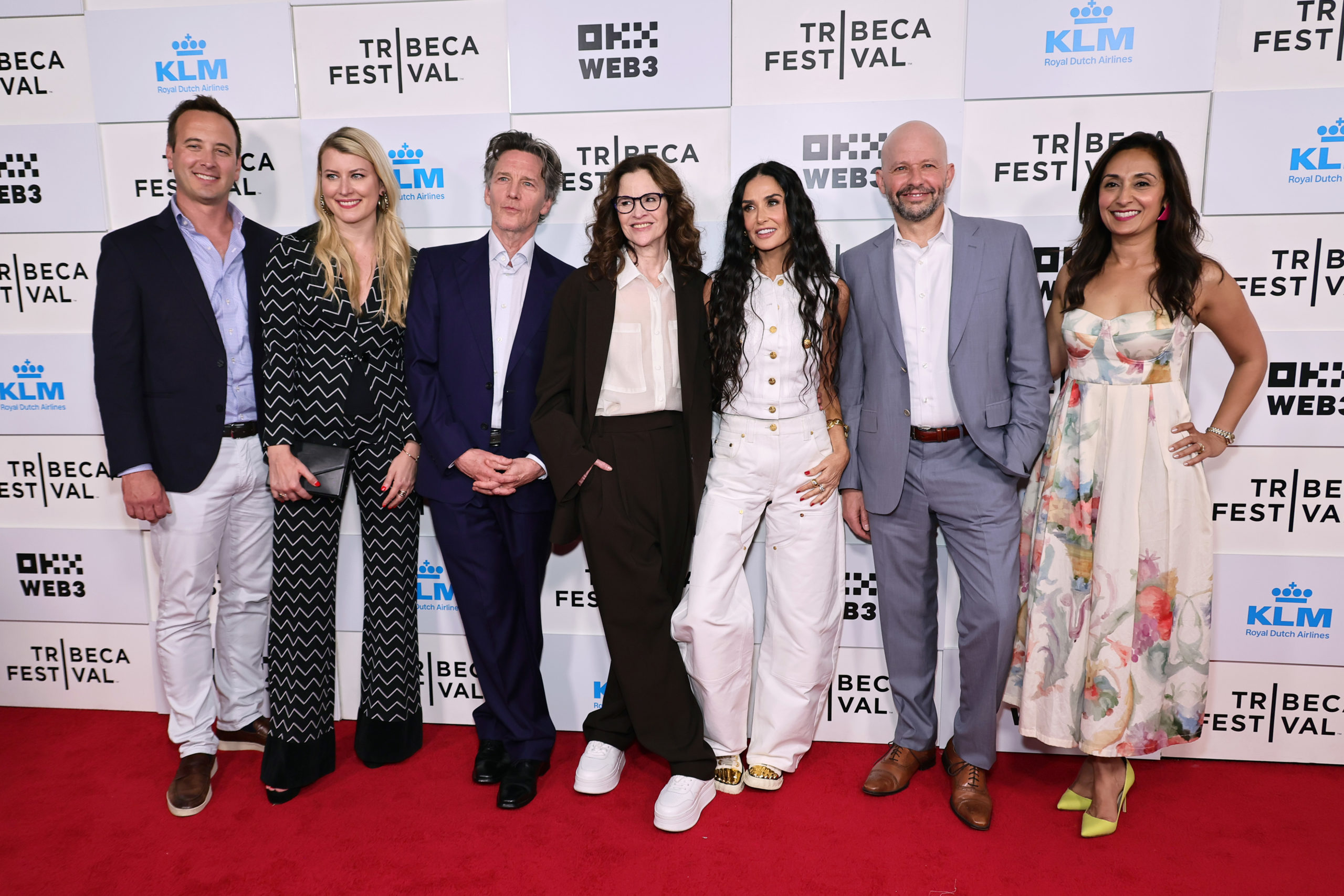 NEW YORK, NEW YORK - JUNE 07: (L-R) Mike Kelley, Victoria Thompson, Andrew McCarthy, Ally Sheedy, Demi Moore, Jon Cryer and Reena Mehta attend the "BRATS" premiere during the 2024 Tribeca Festival at BMCC Theater on June 07, 2024 in New York City. (Photo by Theo Wargo/Getty Images for Tribeca Festival)