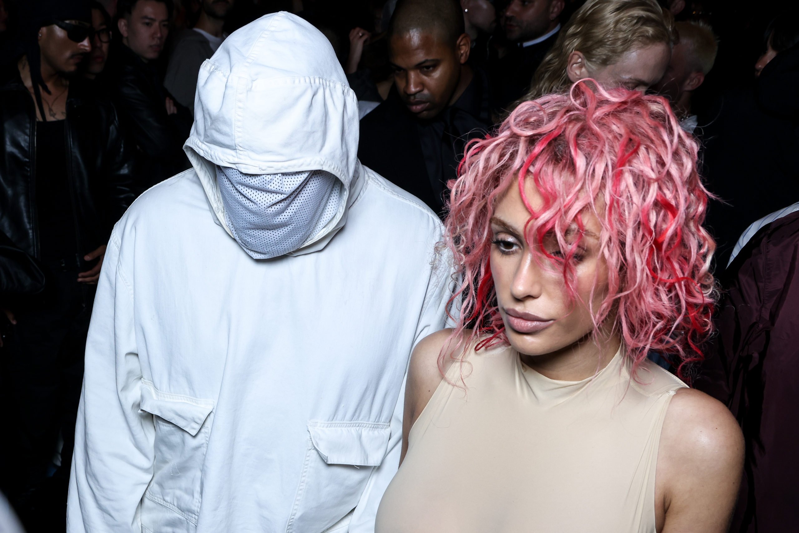 PARIS, FRANCE - JUNE 19: (EDITORIAL USE ONLY - For Non-Editorial use please seek approval from Fashion House) (L-R) Kanye West and Bianca Censori attend the Prototypes Menswear Spring/Summer 2025 show as part of Paris Fashion Week on June 19, 2024 in Paris, France. (Photo by Lyvans Boolaky/Getty Images)