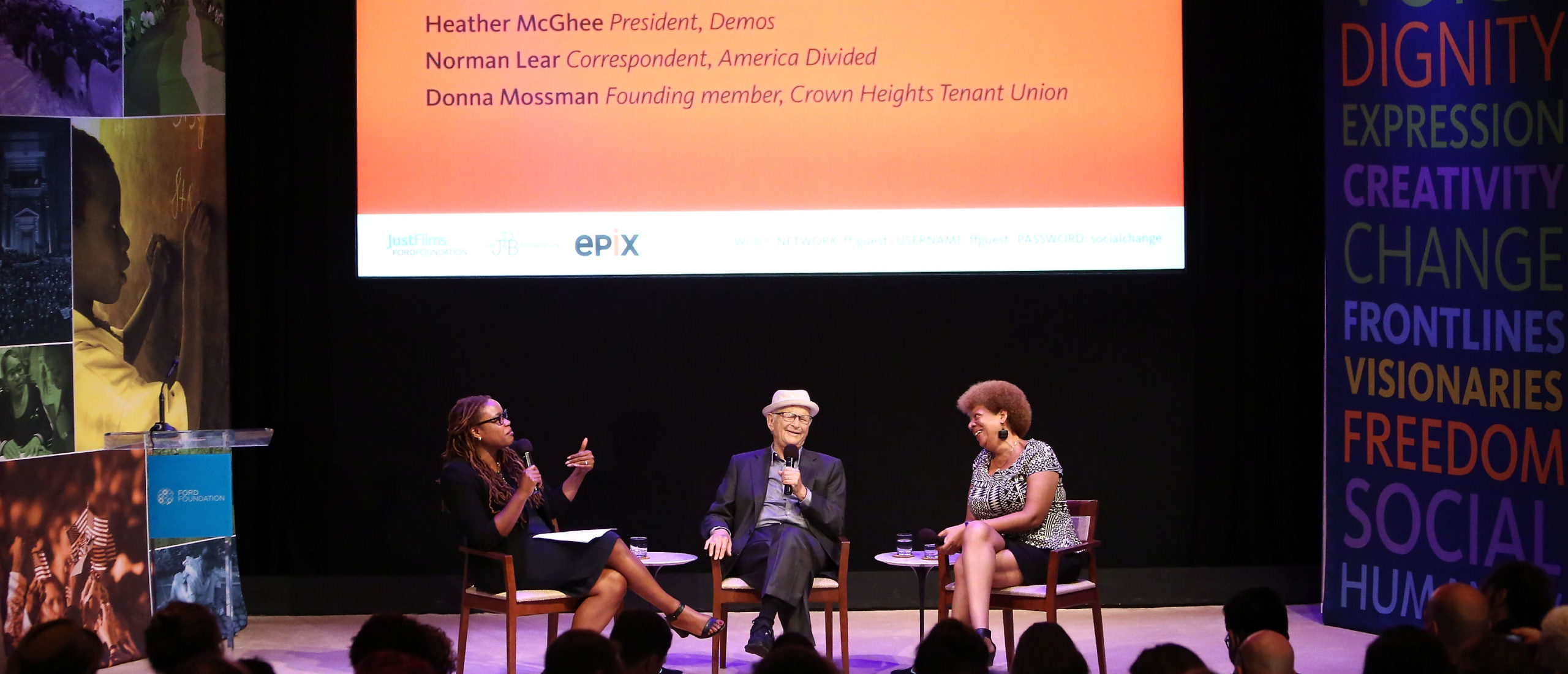 (L-R) President at Demos Heather McGhee, America Divided executive producer and correspondent Norman Lear and founding member of the Crown Heights Tenant Union Donna Mossman, speak at the America Divided EPIX & Ford Foundation Event With Norman Lear & Peter Sarsgaard at Ford Foundation on September 13, 2016 in New York City. (Photo by Monica Schipper/Getty Images for EPIX)
