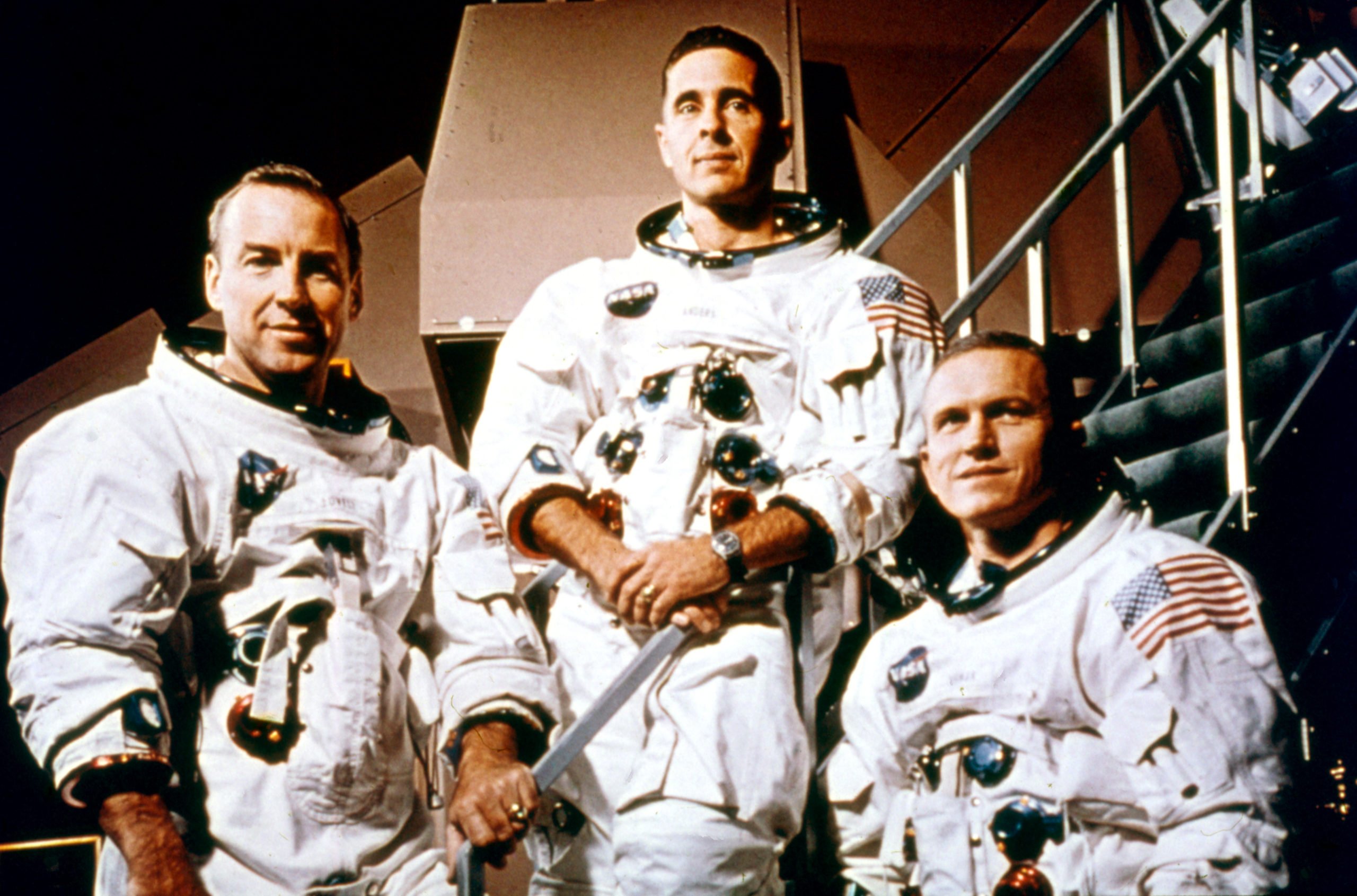 Portrait of the crew of NASA's Apollo 8, Florida, December 1968. Pictured are, from left, command module pilot James Lovell, lunar module pilot William Anders, and Commander Frank Borman. (Photo by NASA/Interim Archives/Getty Images)
