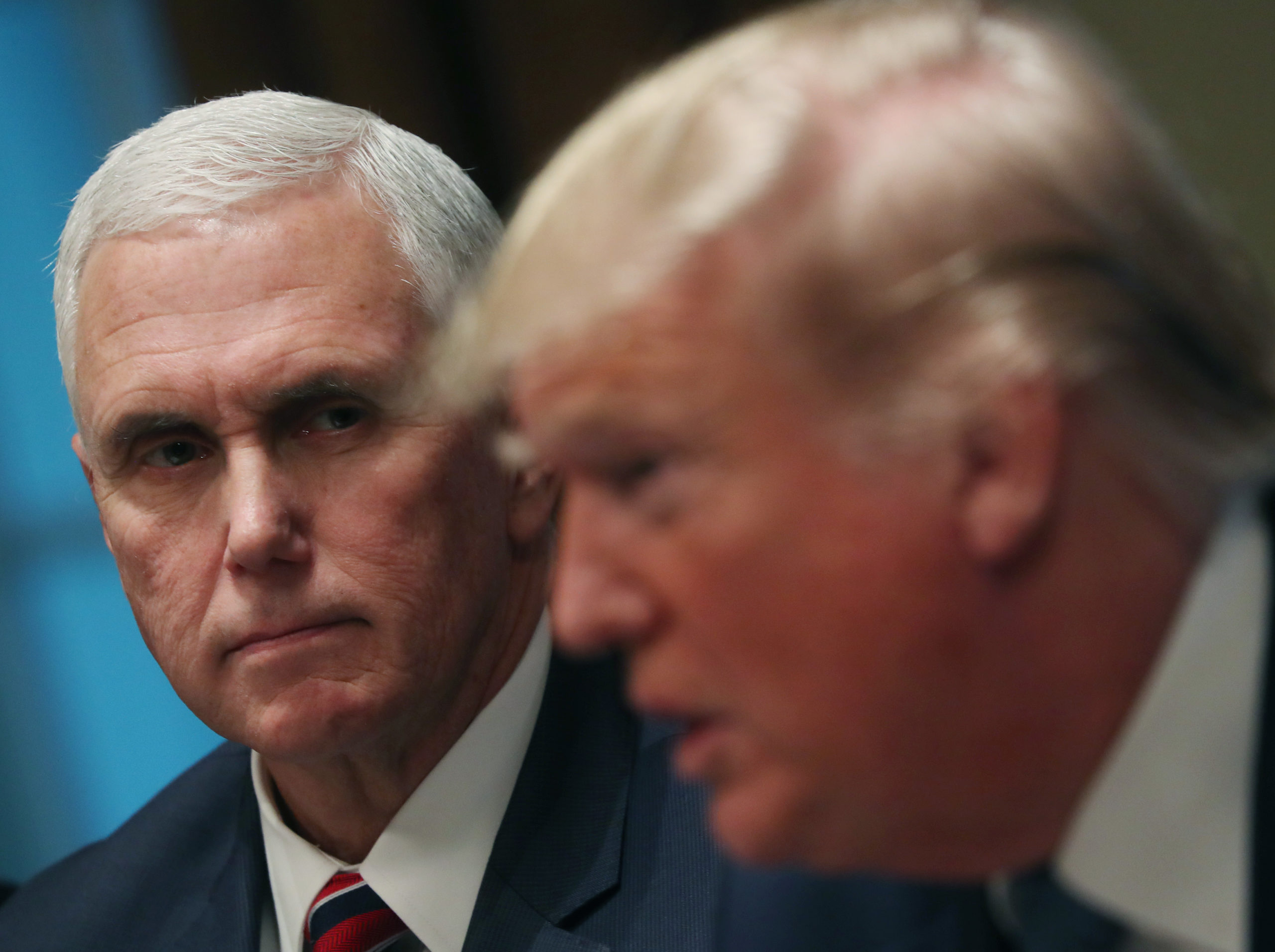 WASHINGTON, DC - DECEMBER 09: U.S. Vice President Mike Pence listens to U.S President Donald Trump (R) speak about a report released by Justice Department Inspector General Michael Horowitz on how the Justice Department and FBI launched their investigation into the 2016 campaign, During a roundtable meeting on empowering families with education choice, in the Cabinet Room on December 9, 2019 in Washington, DC. (Photo by Mark Wilson/Getty Images)