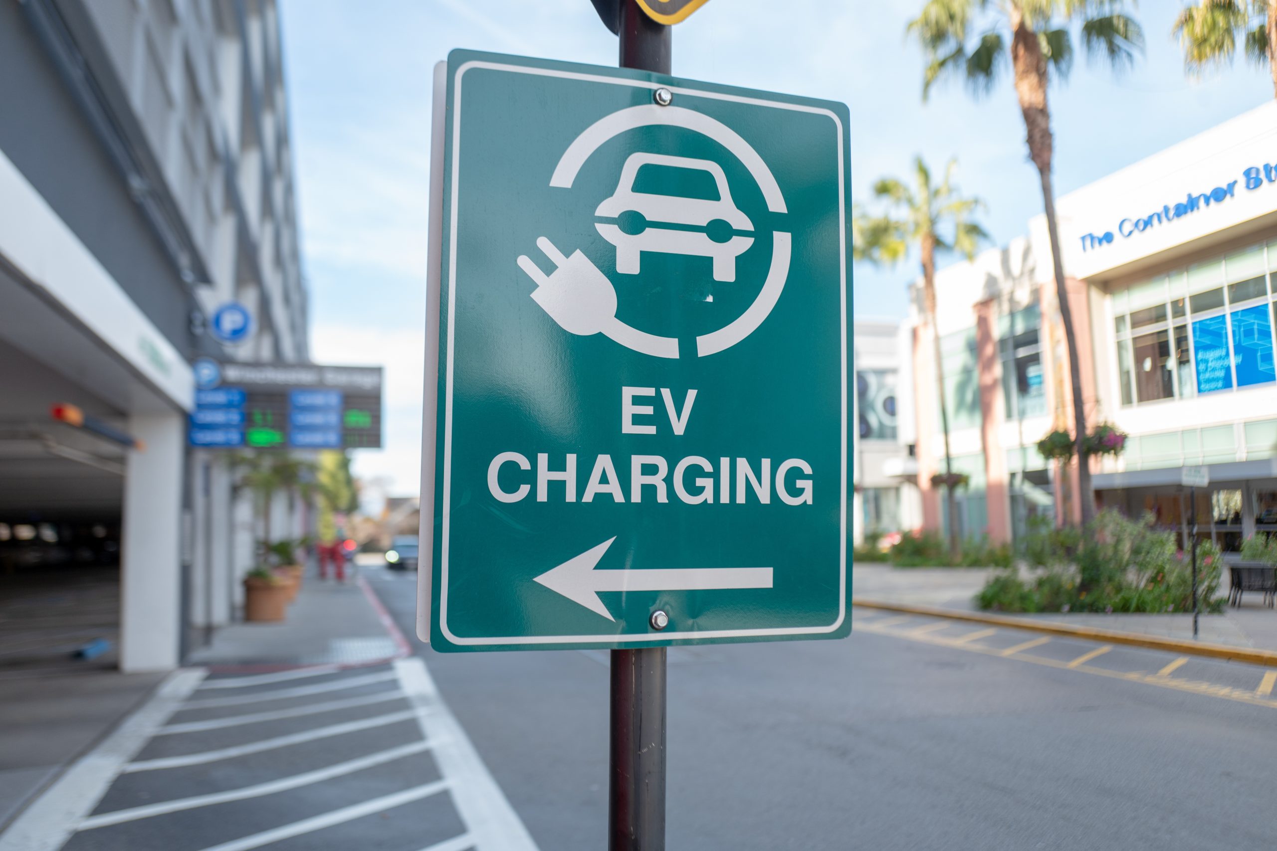 Close-up of sign for electric vehicle charging station on Santana Row in the Silicon Valley, San Jose, California, January 3, 2020. (Photo by Smith Collection/Gado/Getty Images)