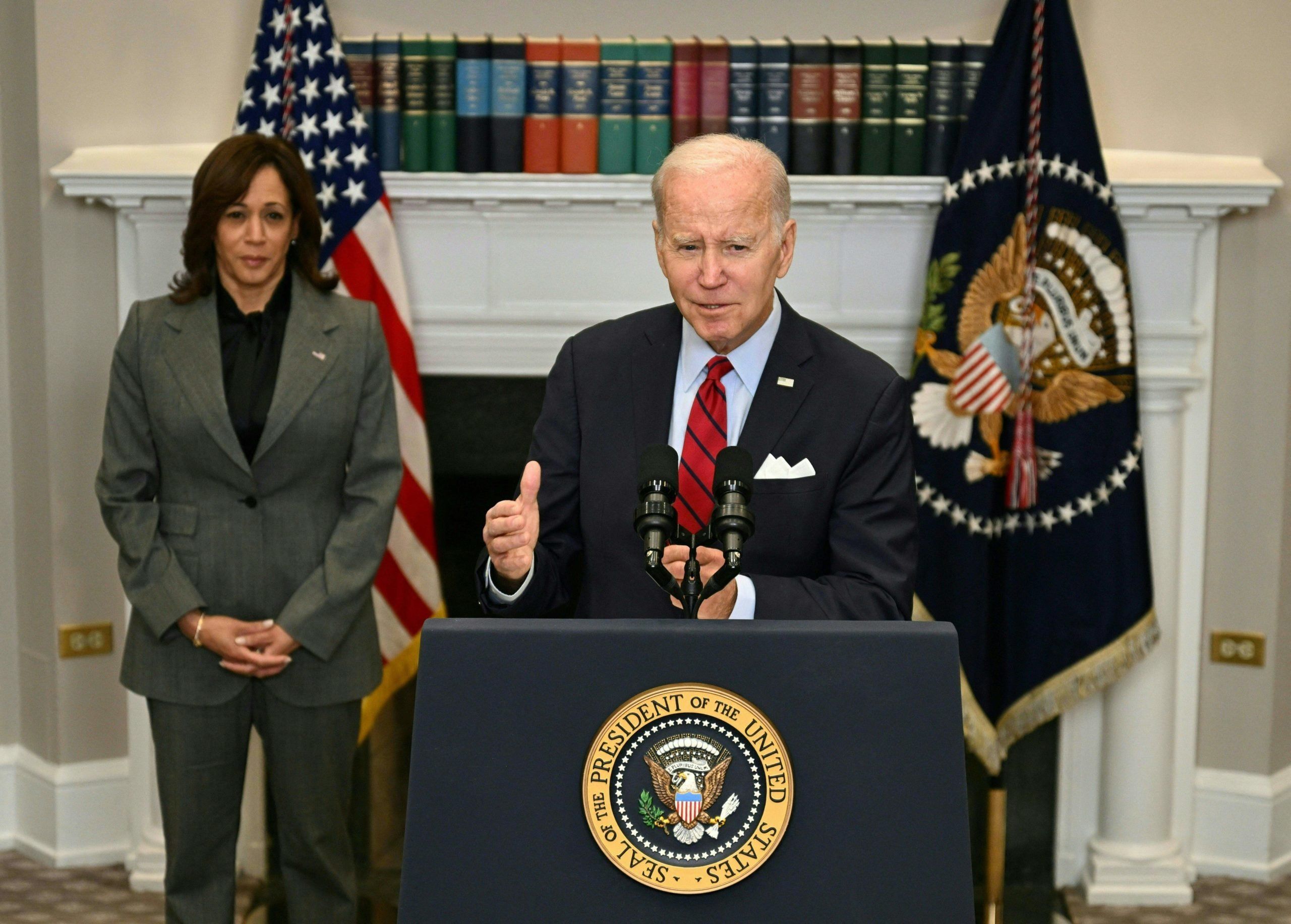 US President Joe Biden, with US Vice President Kamala Harris, speaks about border security and enforcement, in the Roosevelt Room of the White House in Washington, DC, on January 5, 2023. (Photo by Jim WATSON / AFP) (Photo by JIM WATSON/AFP via Getty Images)