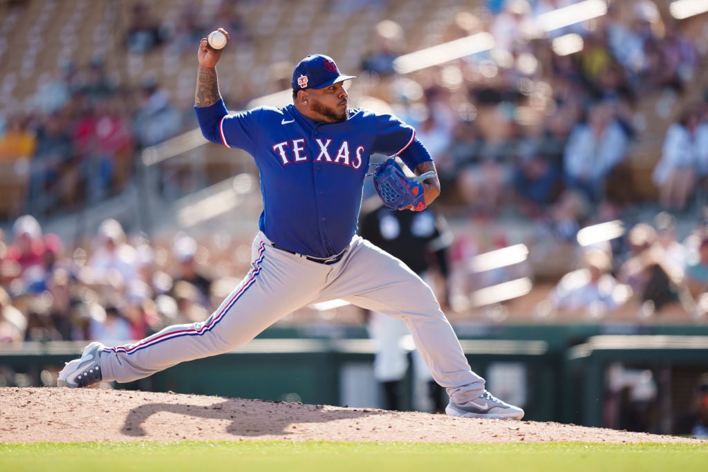 PHOENIX, AZ - MARCH 04: Reyes Moronta #56 of the Texas Rangers delivers a pitch during a spring training game against the Chicago White Sox at Camelback Ranch on March 4, 2023 in Phoenix, Arizona. (Photo by Ben Ludeman/Texas Rangers/Getty Images)