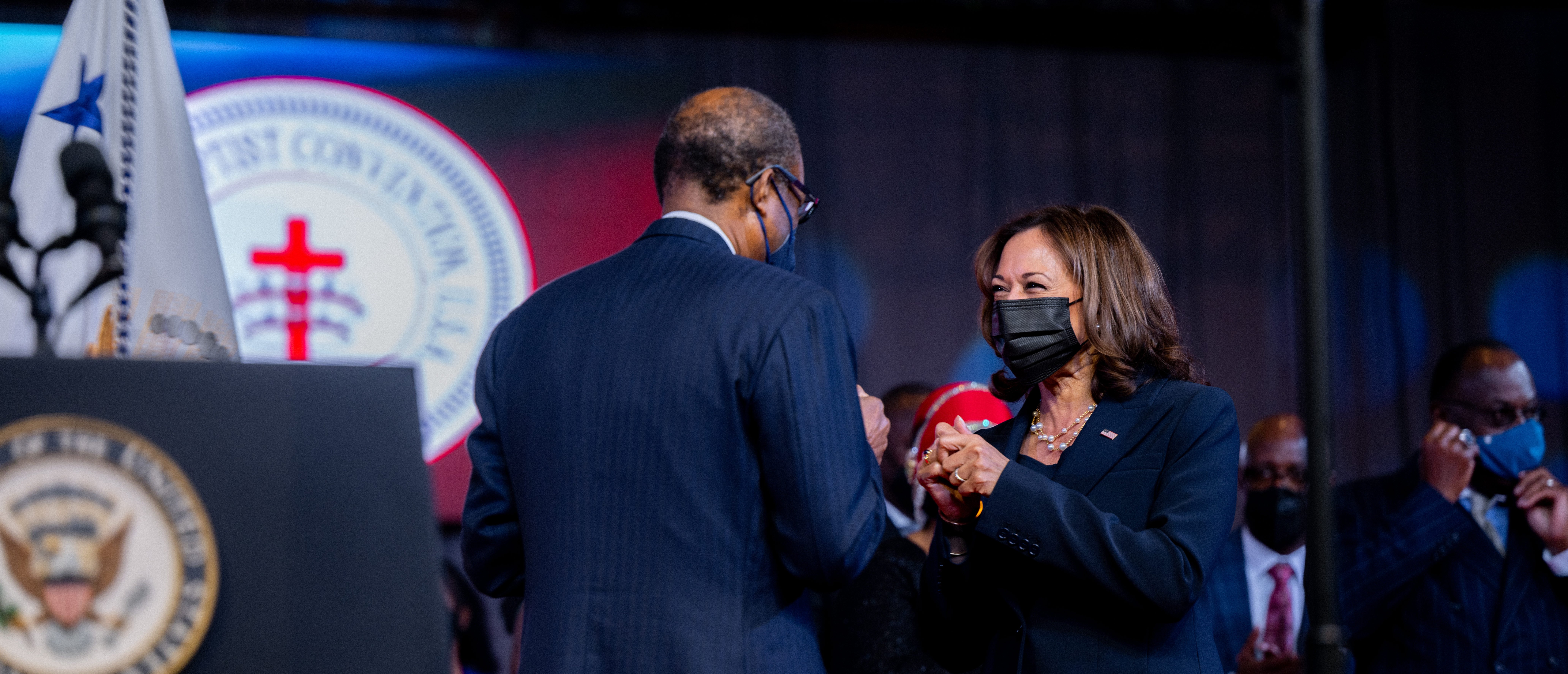 US Vice President Kamala Harris greets the National Baptist Convention President Dr. Jerry Young during the National Baptist Convention on September 08, 2022 in Houston, Texas. The National Baptist Convention was formed in 1886, and gathers church members and leaders from around the country in discussing church evangelism, disaster relief, and funding for education. (Photo by Brandon Bell/Getty Images)