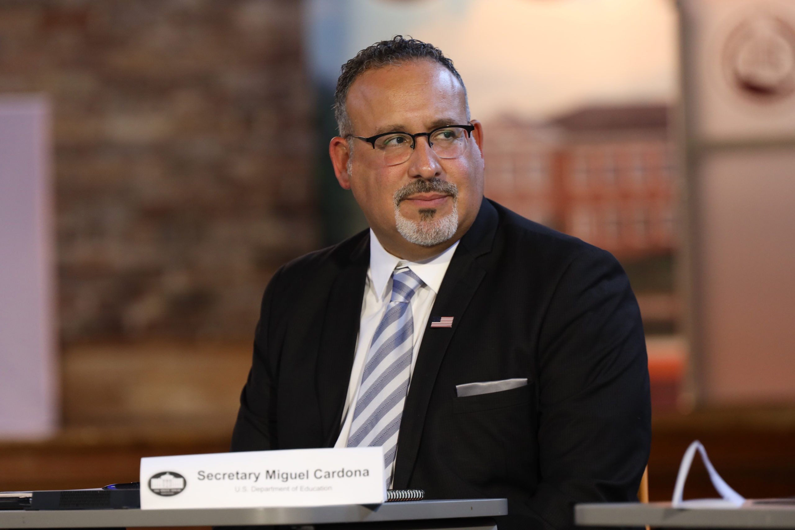 ORANGEBURG, SOUTH CAROLINA - SEPTEMBER 20: US Vice President Kamala Harris (not pictured) and U.S. Secretary of Education Miguel Cardona attend a panel discussion with nine outstanding scholars at Claflin University on September 20, 2022 in Orangeburg, South Carolina. Topics included voter registration, mental health, and entrepreneurship. Harris's visit coincided with National Voter Registration Day and HBCU (Historically Black Colleges/Universities) Week. (Photo by Colin Myers/Claflin University/HBCU via Getty Images)