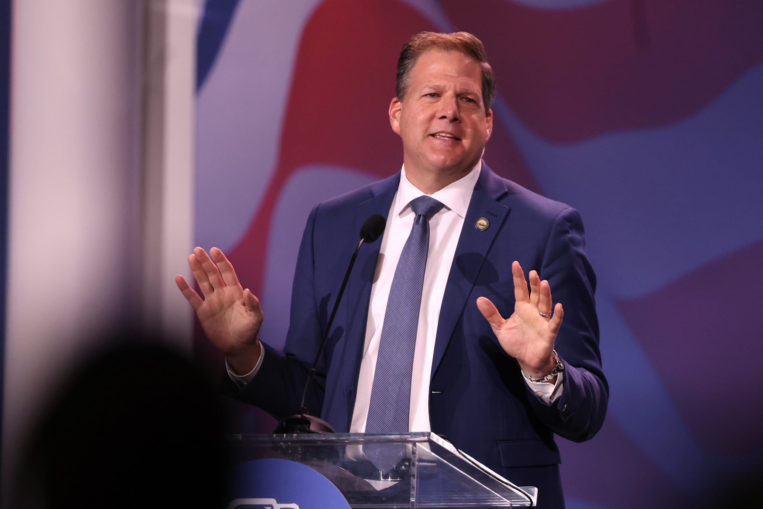 New Hampshire Gov. Chris Sununu speaks at the Republican Jewish Coalition annual leadership meeting on November 19, 2022 in Las Vegas, Nevada. (Photo by Scott Olson/Getty Images)