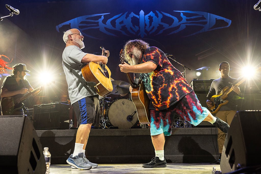CHARLOTTE, NORTH CAROLINA - SEPTEMBER 06: Kyle Gass (L) and Jack Black of Tenacious D perform at PNC Music Pavilion on September 06, 2023 in Charlotte, North Carolina. (Photo by Jeff Hahne/Getty Images)