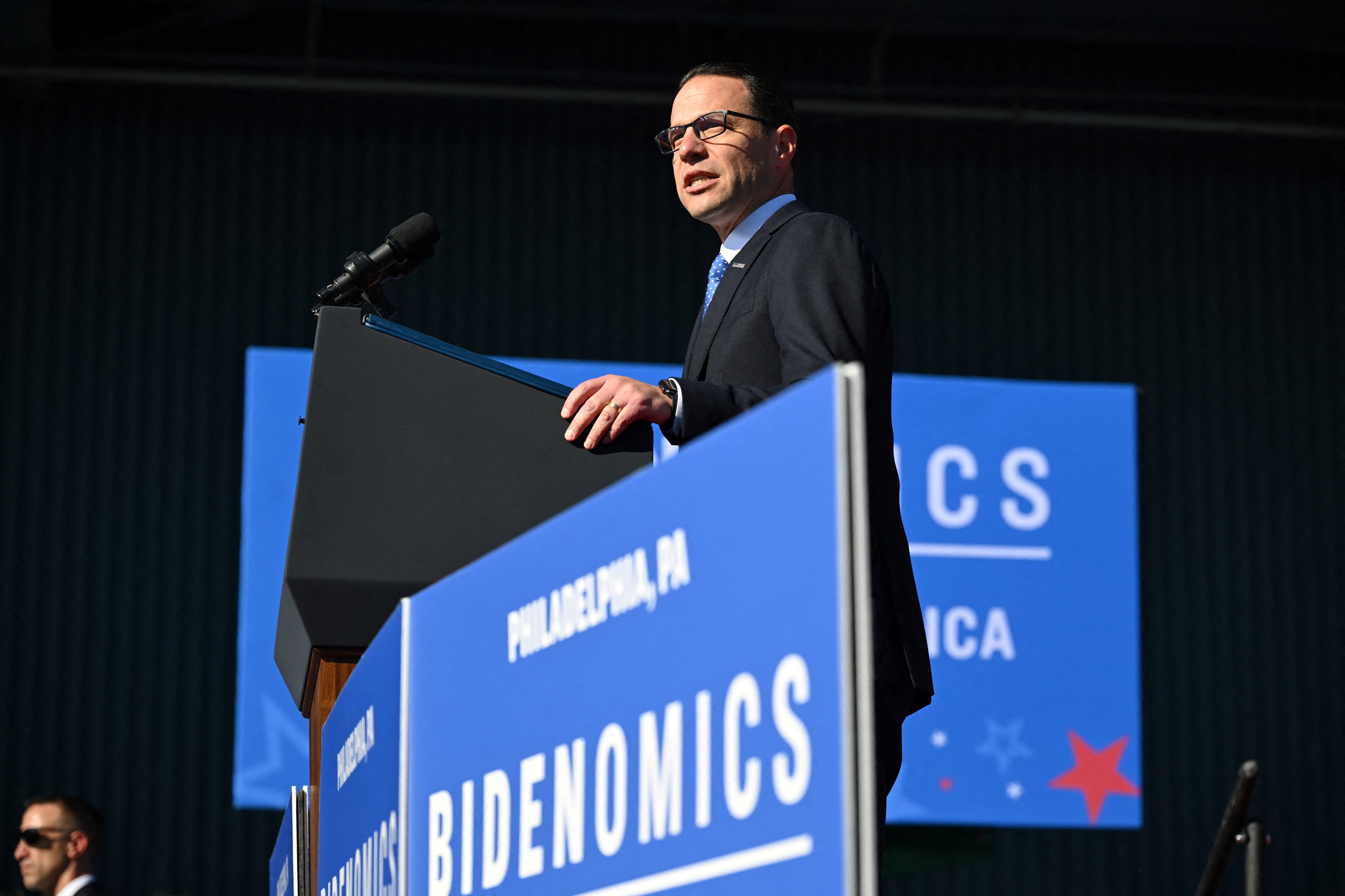 Pennsylvania Governor Josh Shapiro delivers remarks before US President Joe Biden speaks about his Bidenomics agenda at Tioga Marine Terminal in Philadelphia, Pennsylvania, on October 13, 2023. (Photo by ANDREW CABALLERO-REYNOLDS/AFP via Getty Images)