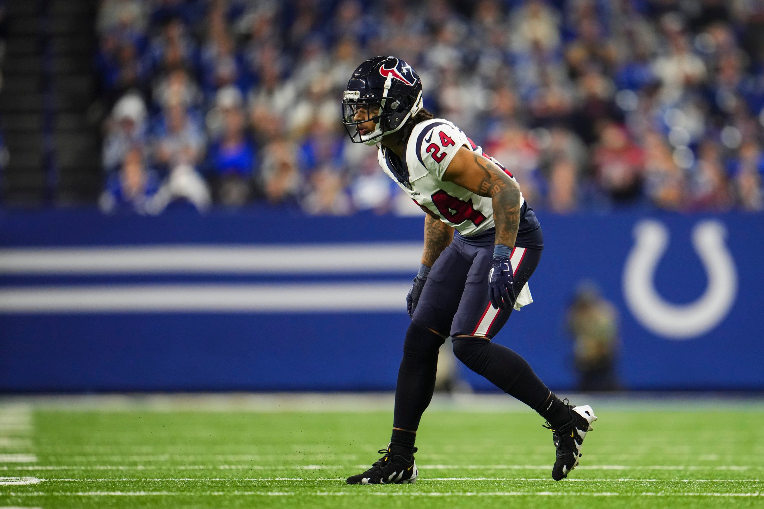 INDIANAPOLIS, IN - JANUARY 06: Derek Stingley Jr. #24 of the Houston Texans defends in coverage during an NFL football game against the Indianapolis Colts at Lucas Oil Stadium on January 6, 2024 in Indianapolis, Indiana. (Photo by Cooper Neill/Getty Images)