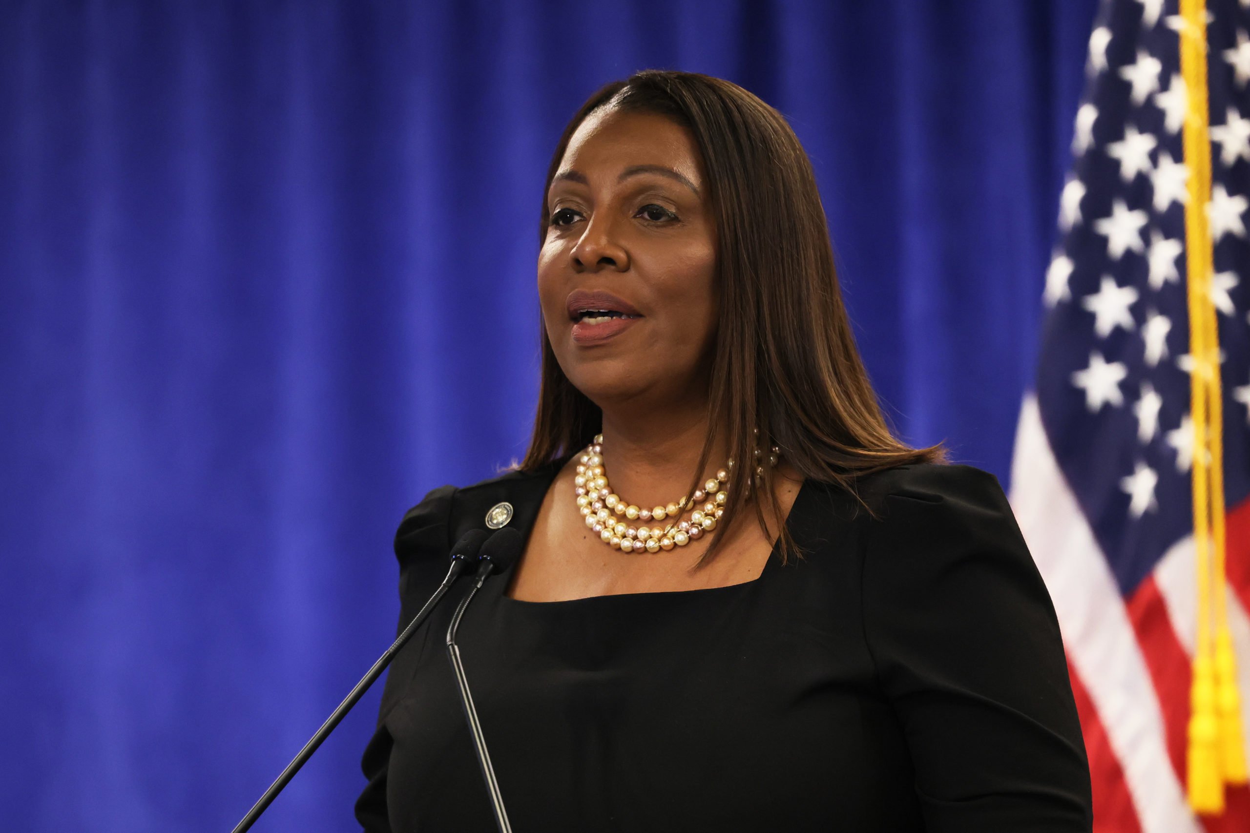 NEW YORK, NY - FEBRUARY 16: Attorney General Letitia James speaks during a press conference following a verdict against former U.S. President Donald Trump in a civil fraud trial on February 16, 2024 in New York City. Justice Arthur Engoron ruled against the former president finding him liable for conspiring to manipulating his networth and fining him $335 million and imposing a three year ban from serving in top roles at any NY company. The judge also banned Eric and Donald Trump Jr. for two years as well as a fine of more than four million dollars. (Photo by Michael M. Santiago/Getty Images)