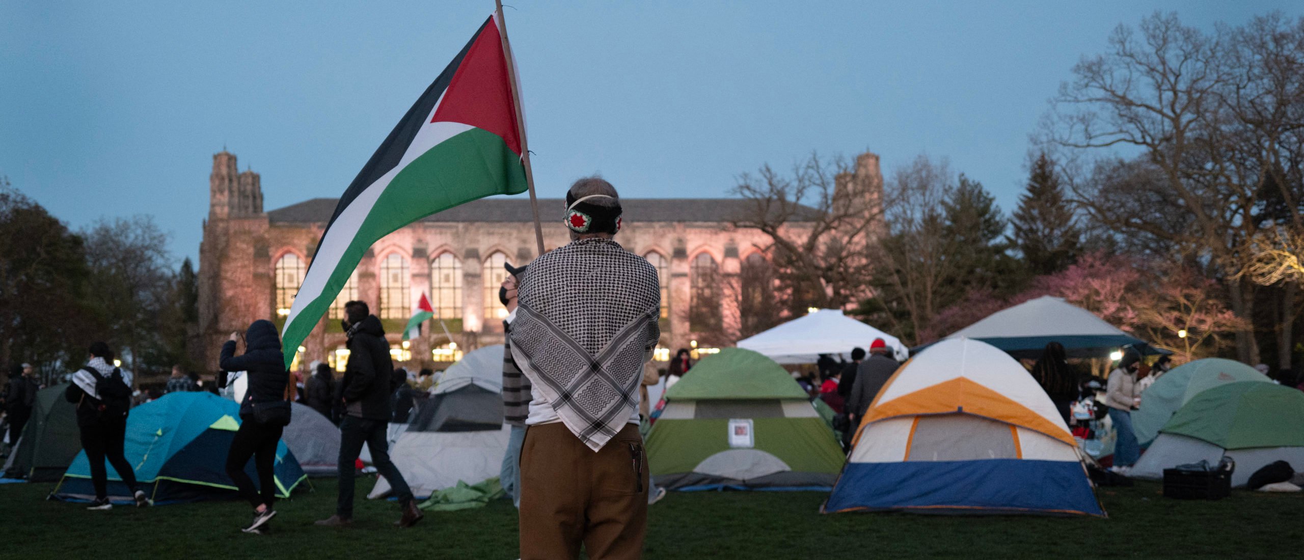 EVANSTON, ILLINOIS - APRIL 25: People rally on the campus of Northwestern University to show support for residents of Gaza on April 25, 2024 in Evanston, Illinois. The rally is among many roiling university campuses across the country in response to the ongoing war in Gaza. (Photo by Scott Olson/Getty Images)