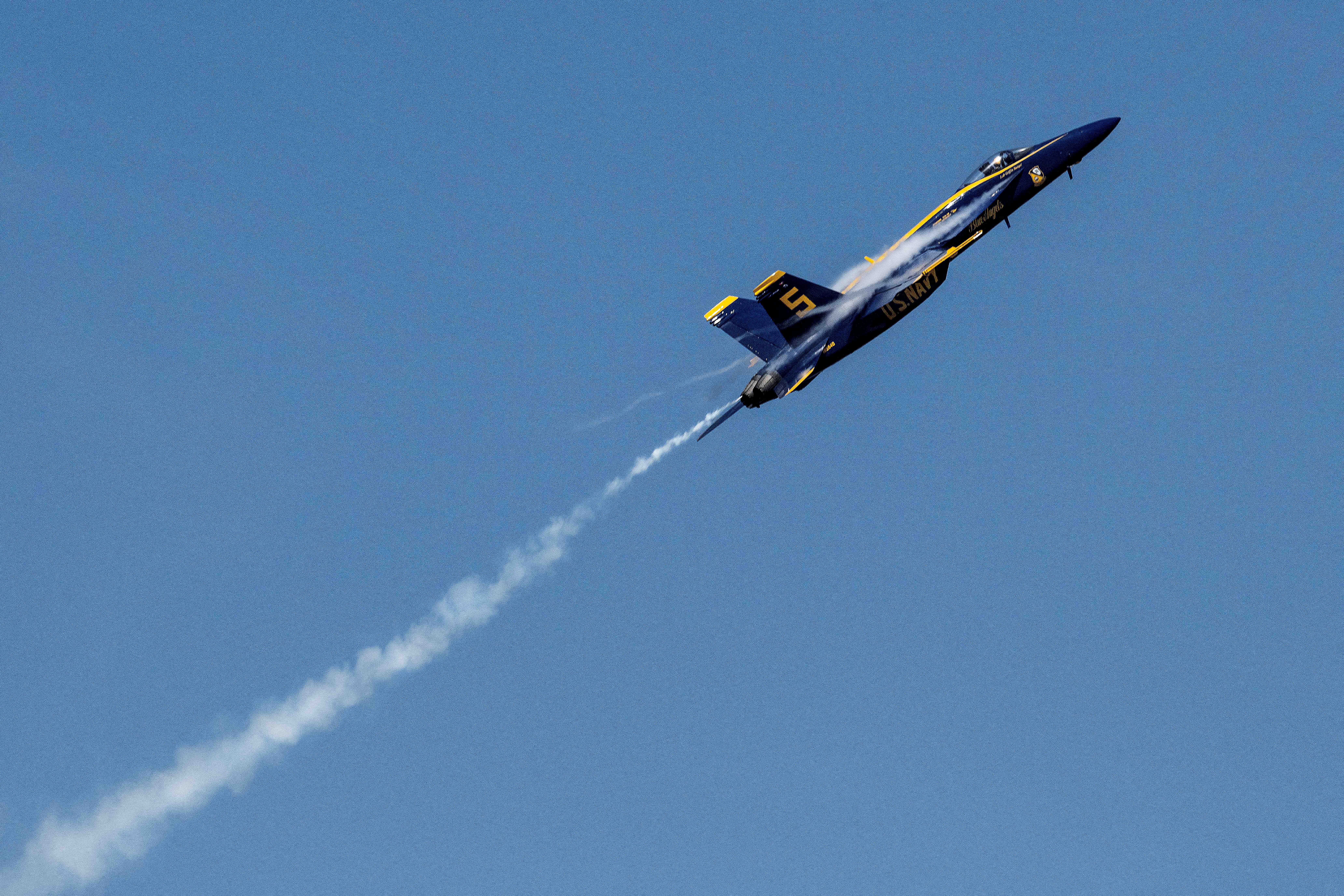 The US Navy's Blue Angels perform an air show over the Severn River in Annapolis, Maryland, on May 22, 2024, as part of the US Naval Academy Commissioning week. (Photo by JIM WATSON/AFP via Getty Images)