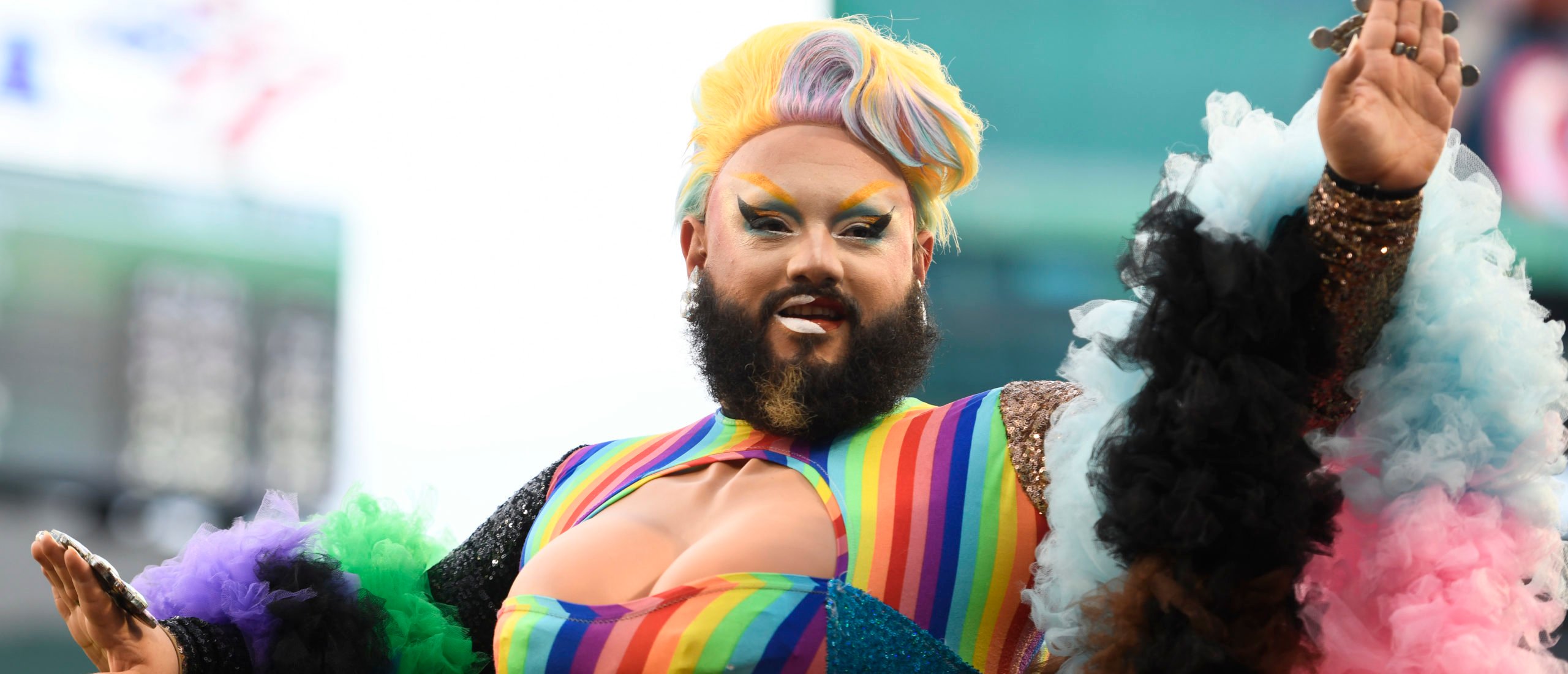 BOSTON, MASSACHUSETTS - JUNE 11: Drag queen performs during a pre-game ceremony in honor of pride night before a game between the Philadelphia Phillies and Boston Red Sox at Fenway Park on June 11, 2024 in Boston, Massachusetts. (Photo by Jaiden Tripi/Getty Images)