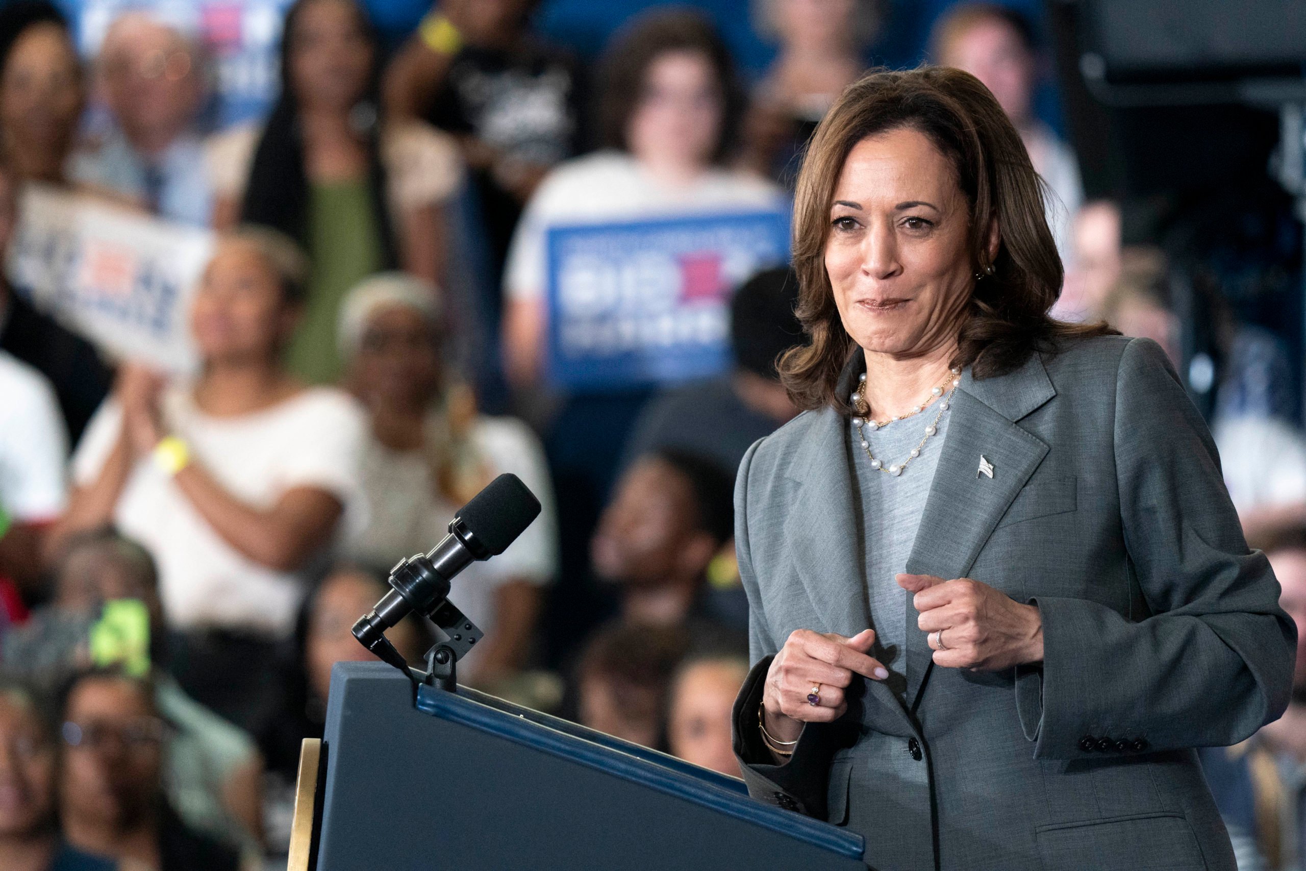 GREENSBORO, NORTH CAROLINA - JULY 11: U.S. Vice President Kamala Harris speaks to a crowd during a campaign event at James B. Dudley High School on July 11, 2024 in Greensboro, North Carolina. Harris continues campaigning ahead of the presidential election as Democrats face doubts about President Biden's fitness in his run for re-election against former President Donald Trump. (Photo by Sean Rayford/Getty Images)