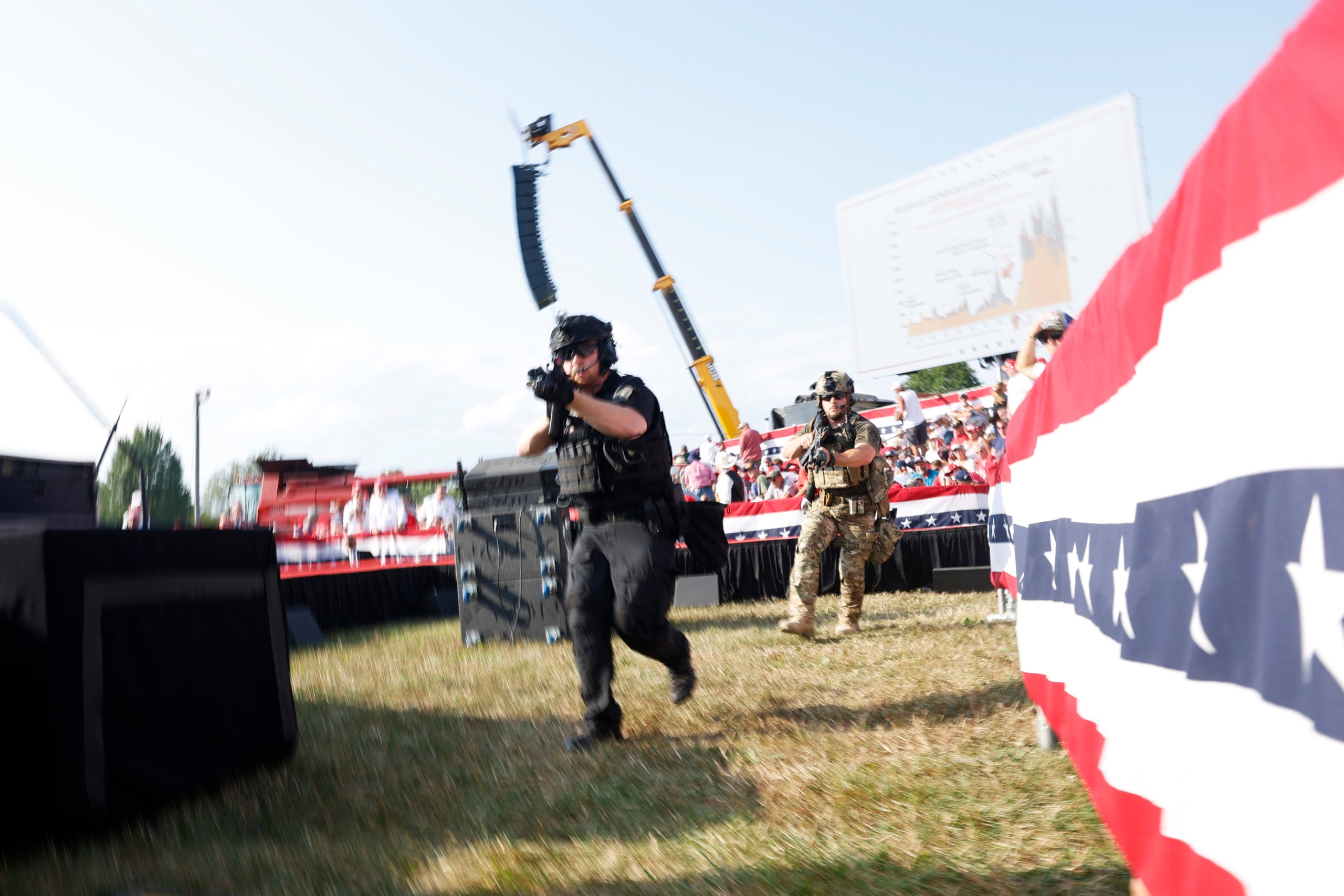 Law enforcement officers move during a rally on July 13, 2024 in Butler, Pennsylvania. (Photo by Anna Moneymaker/Getty Images)