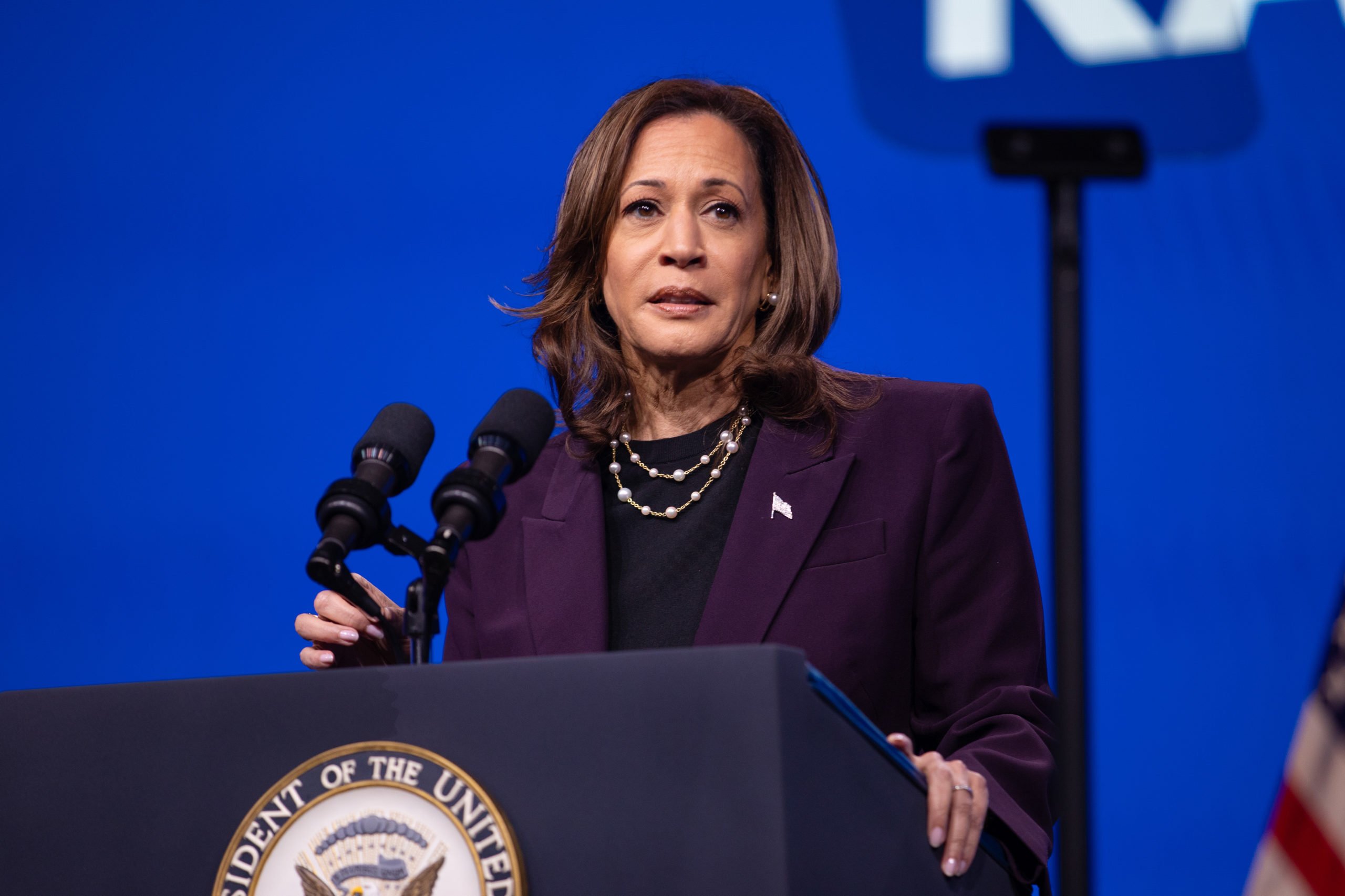 HOUSTON, TEXAS - JULY 25: Vice President Kamala Harris speaks at the American Federation of Teachers' 88th National Convention on July 25, 2024 in Houston, Texas. The American Federation of Teachers is the first labor union to endorse Harris for president since announcing her campaign. (Photo by Montinique Monroe/Getty Images)