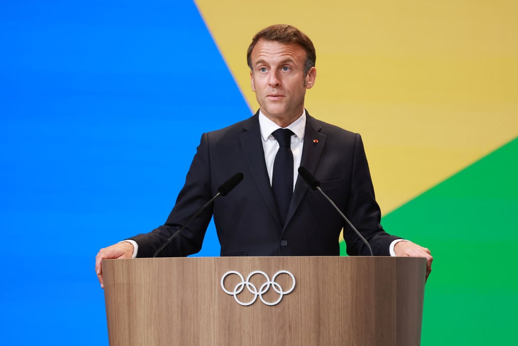 PARIS FRANCE - JULY 24: French President Emmanuel Macron addresses during a IOC Session meeting ahead of the Paris 2024 Olympic Games on July 24, 2024 in Paris, France. (Photo by Arturo Holmes/Getty Images)