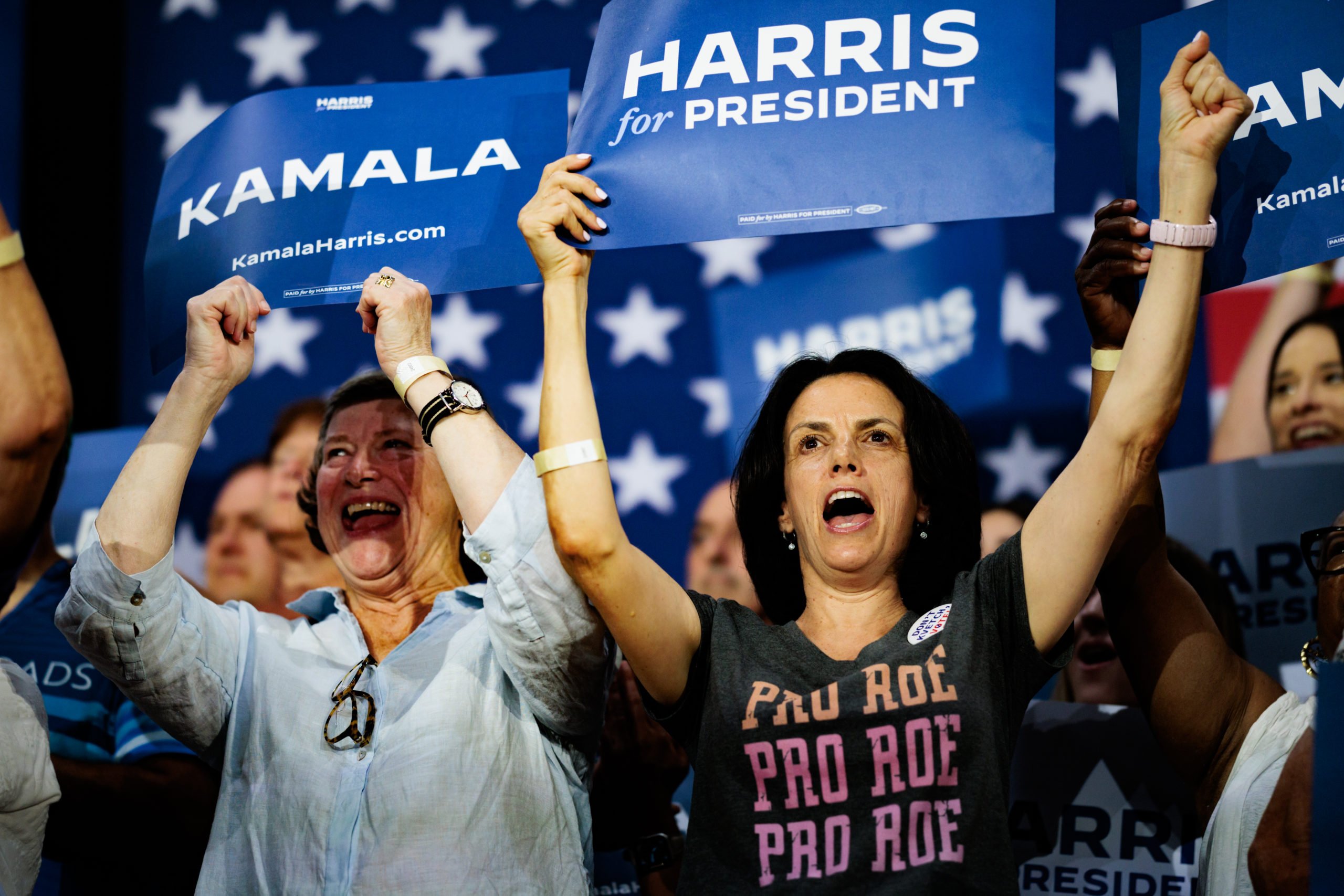 People cheer during a campaign rally for Vice President Kamala Harris on July 29, 2024 in Ambler, Pennsylvania. Pennsylvania Governor Josh Shapiro and Michigan Governor Gretchen Whitmer campaigned to bring supporters behind Vice President Harris's campaign to protect Americans' freedoms, lower costs for families, and slam Trump's Project 2025 agenda. (Photo by Hannah Beier/Getty Images)