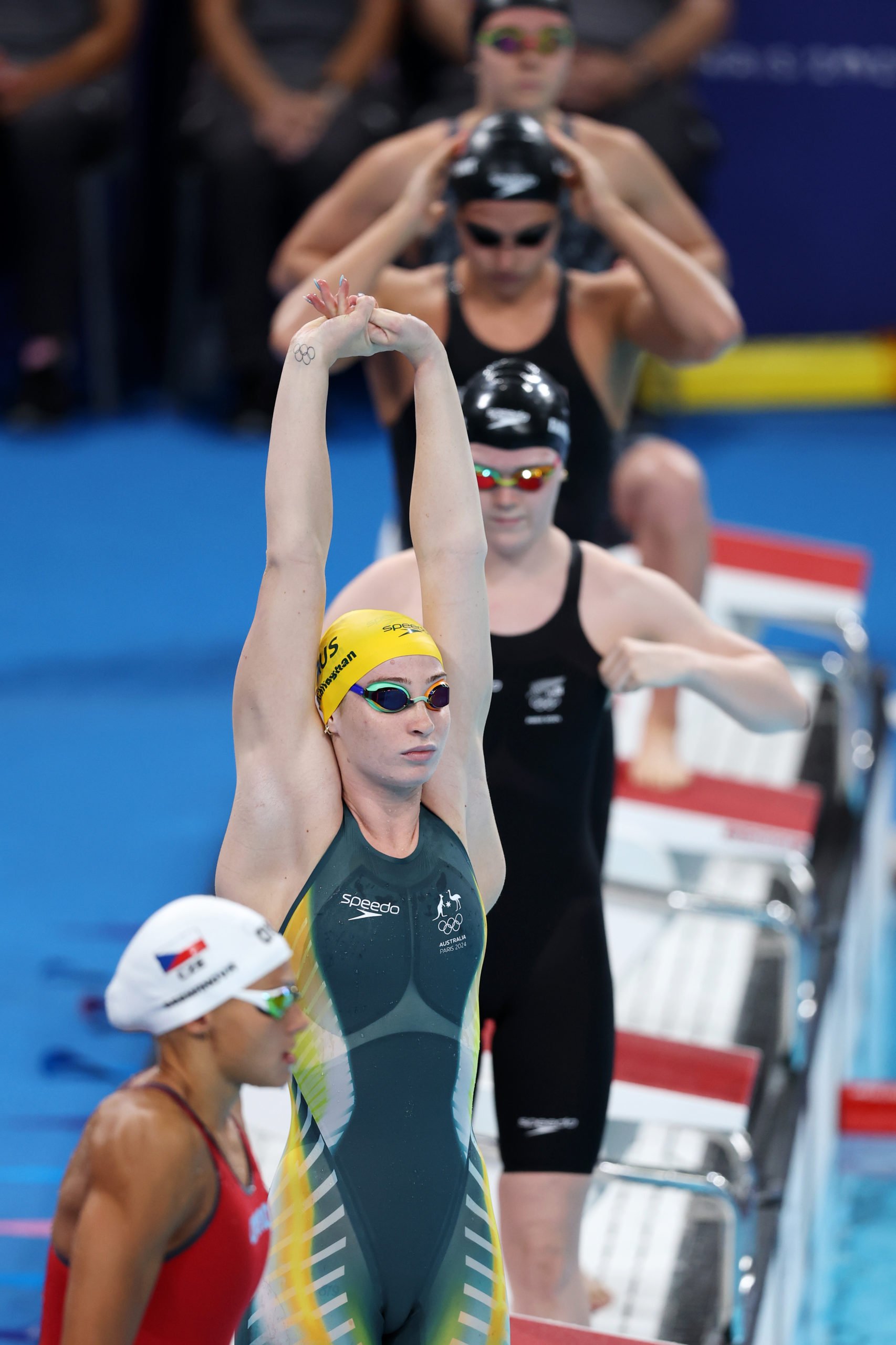 NANTERRE, FRANCE - JULY 28: Mollie O'Callaghan of Team Australia prepares to compete in the Women’s 200m Freestyle Heats on day two of the Olympic Games Paris 2024 at Paris La Defense Arena on July 28, 2024 in Nanterre, France. (Photo by Lintao Zhang/Getty Images)