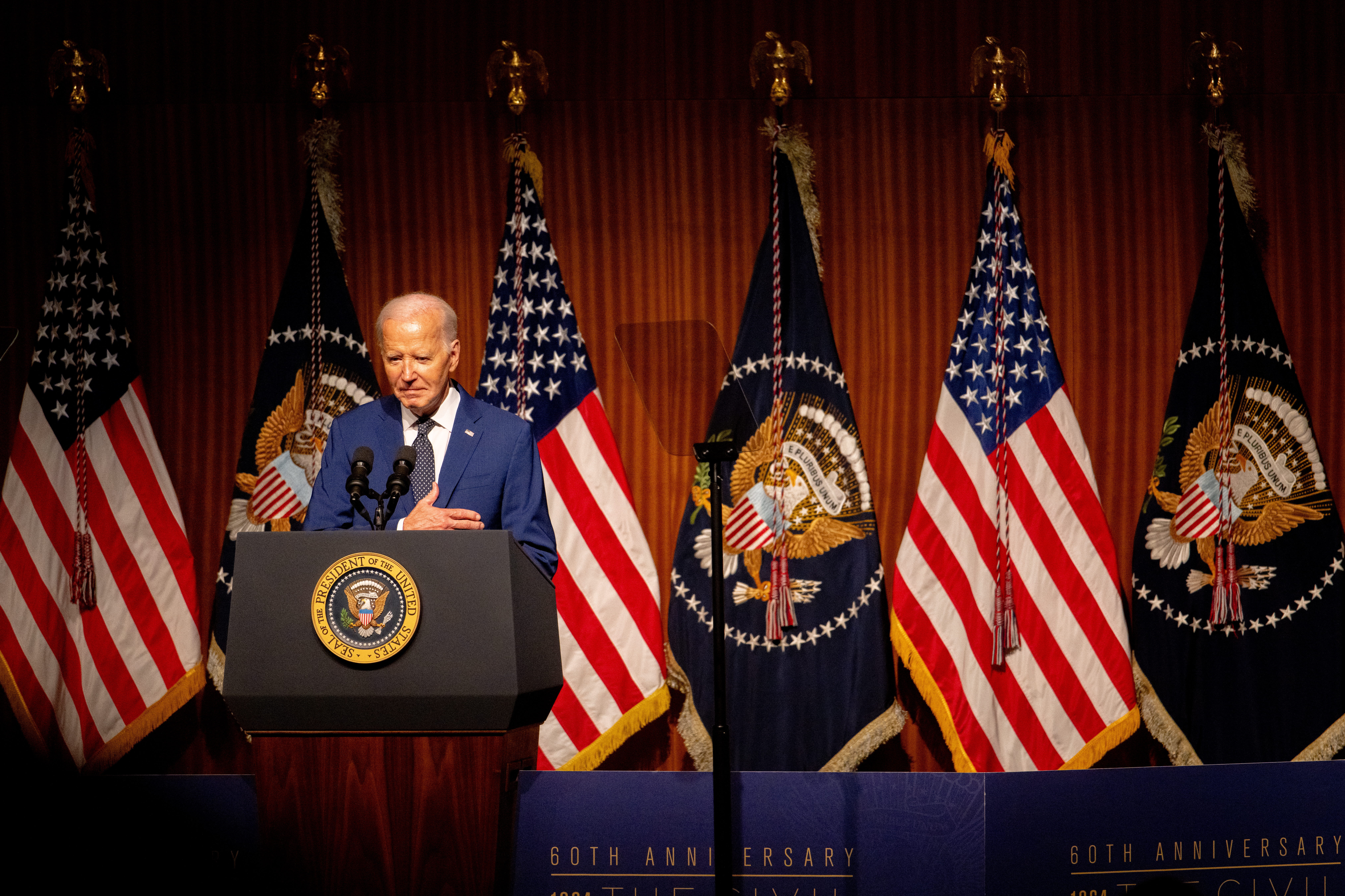 AUSTIN, TEXAS - JULY 29: U.S. President Joe Biden speaks to attendees while commemorating the 60th anniversary of the Civil Rights Act at the Lyndon Baines Johnson Presidential Library on July 29, 2024 in Austin, Texas. Biden’s original visit to Austin was scheduled for July 15, but was postponed after the attempted assassination of former President Donald Trump during his campaign rally in Butler, Pennsylvania. Today's event served to commemorate legislation that ended the institutionalized segregation of the Jim Crow era. (Photo by Brandon Bell/Getty Images)